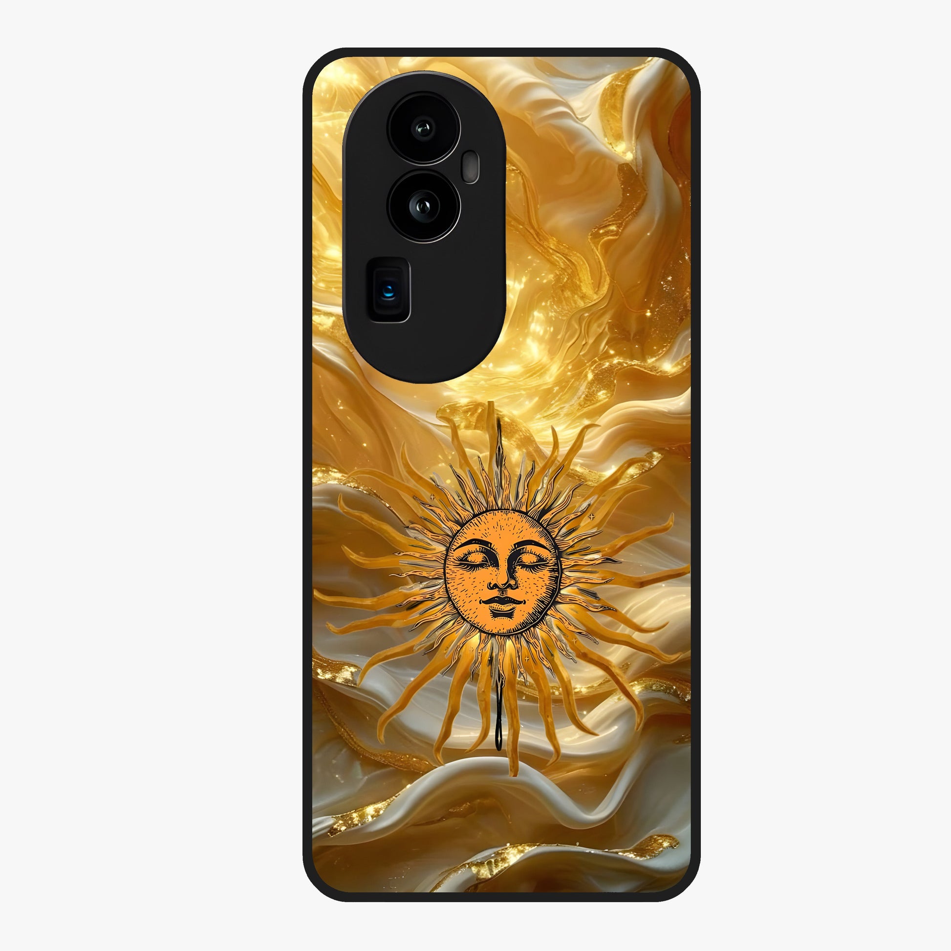 Eternal Golden Glow Glass Case showing flat back view with radiant golden themed artwork and glossy glass finish.