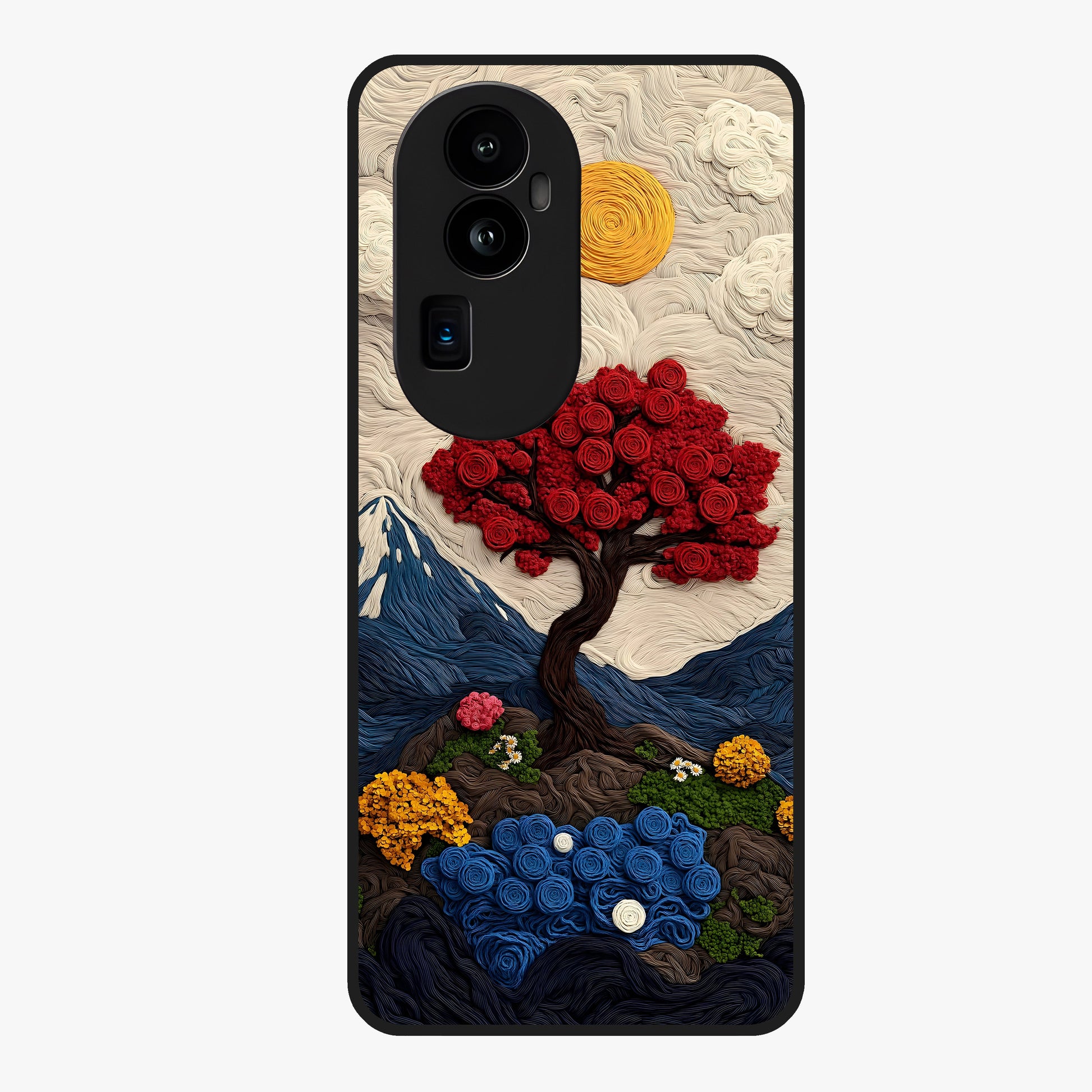 Eternal Nature Tapestry Glass Case showing flat back view with intricate nature tapestry artwork and glossy glass finish.