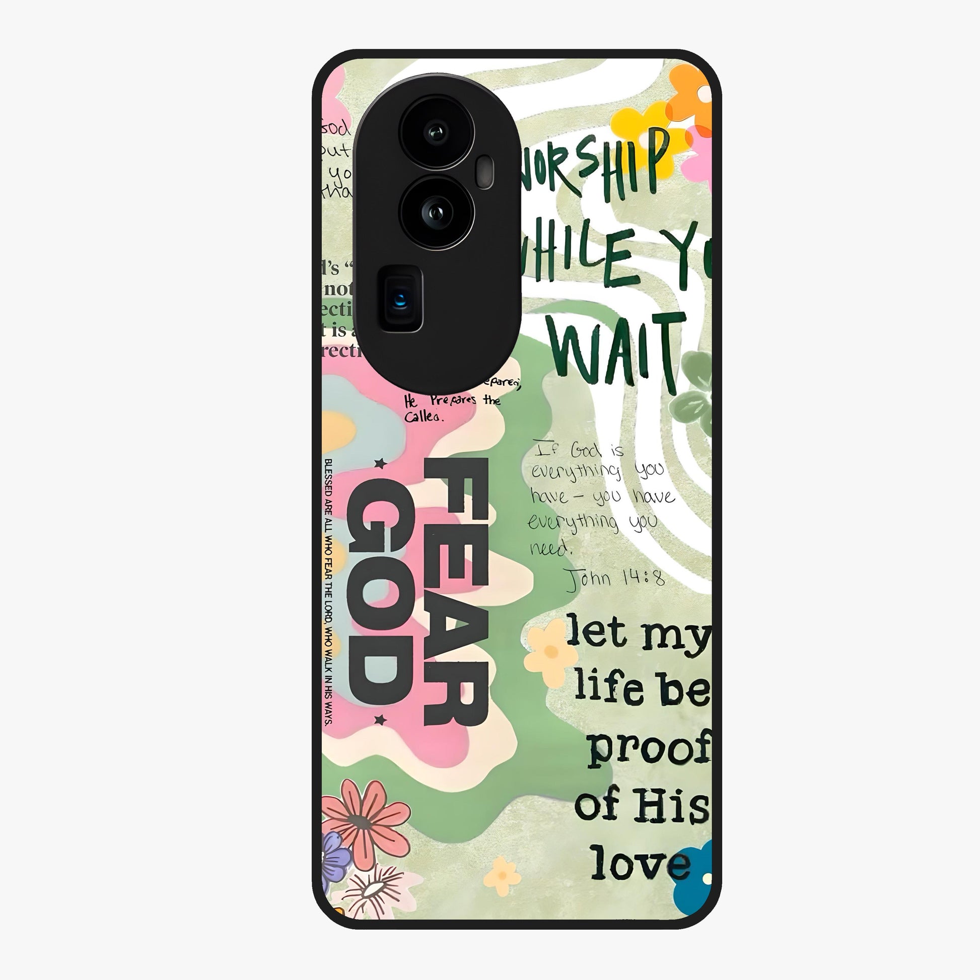 Faith Over Fear Glass Case showing flat back view with motivational typography artwork and glossy glass finish.