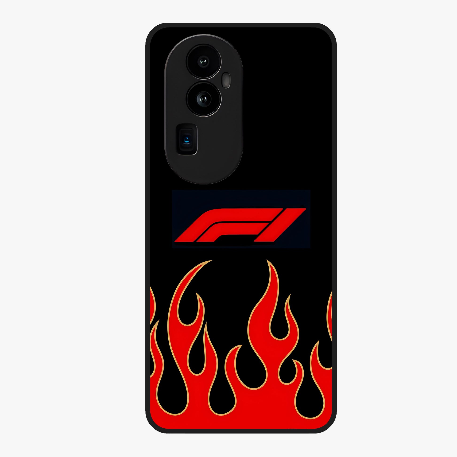 Fire F11 Glass Case showing flat back view with fiery themed artwork and glossy glass finish.