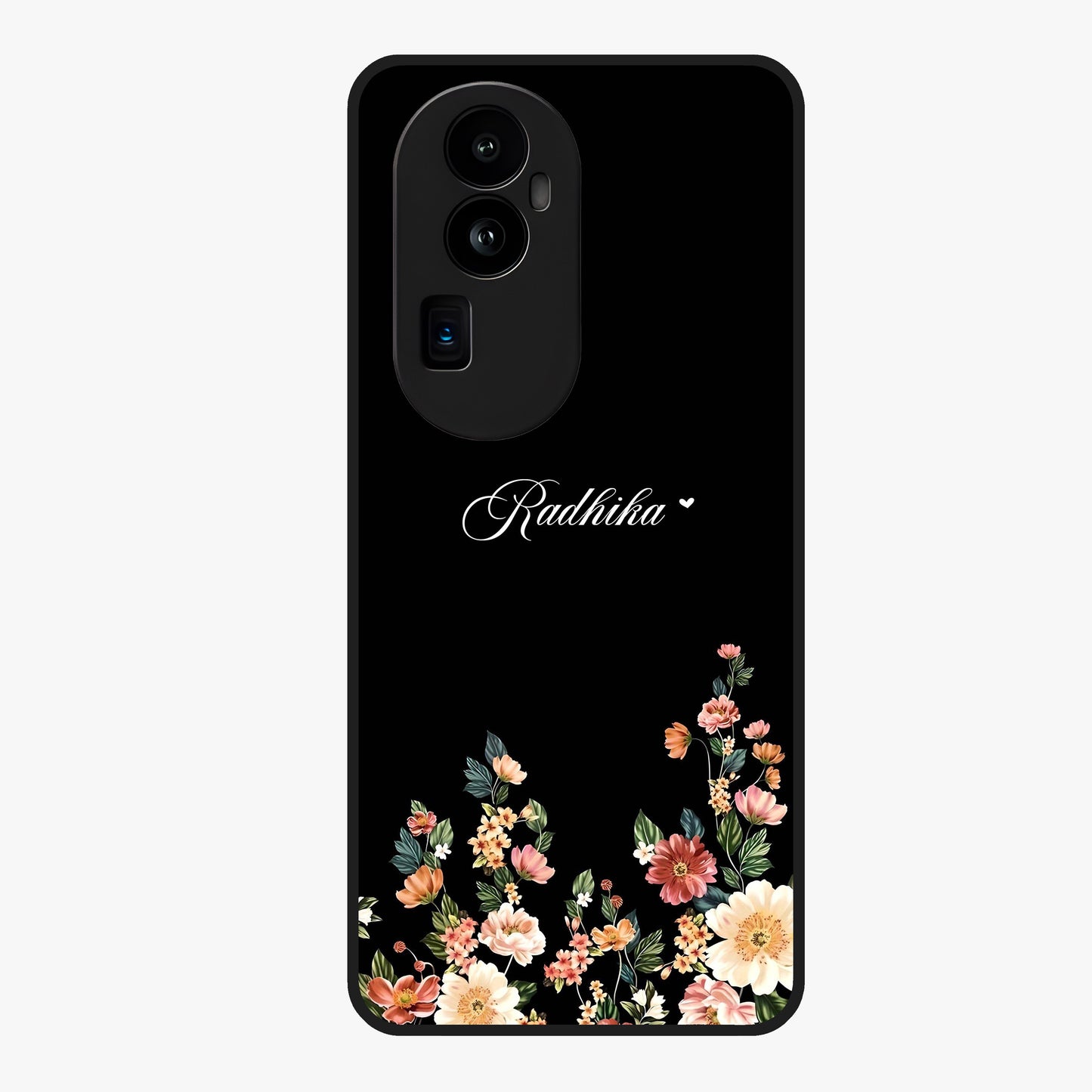 Floral Design With a Custom Personalized Name Glass Case showing flat back view with floral artwork and personalized name design.