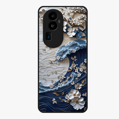 Floral Wave Origami Glass Case showing flat back view with origami inspired floral wave artwork and glossy glass finish.