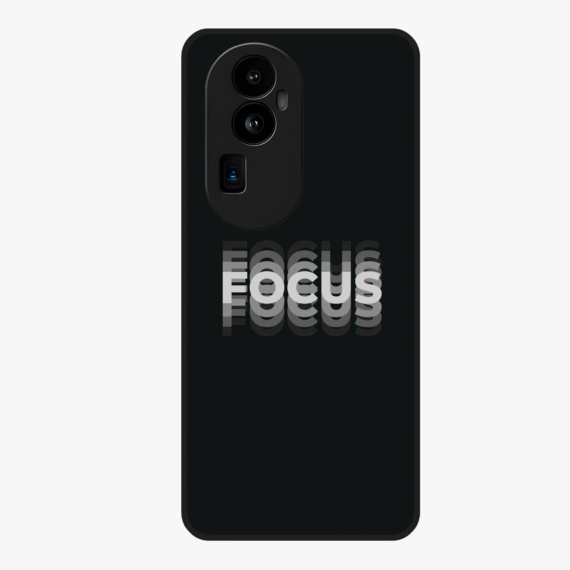 Focus Mode On Glass Case showing flat back view with bold motivational typography design and glossy glass finish.
