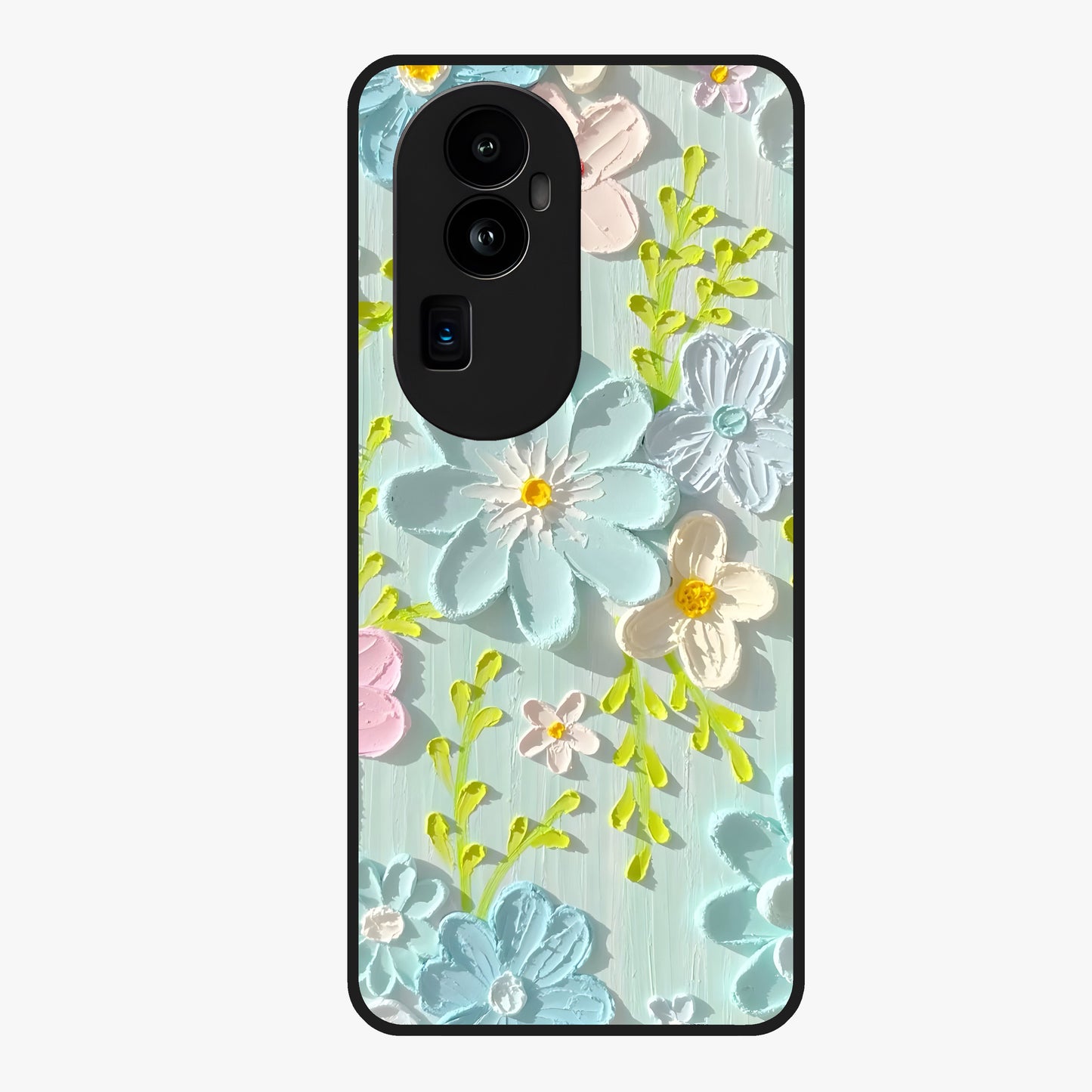 Frosted Petal Garden Glass Case showing flat back view with soft frosted floral artwork and glossy glass finish.
