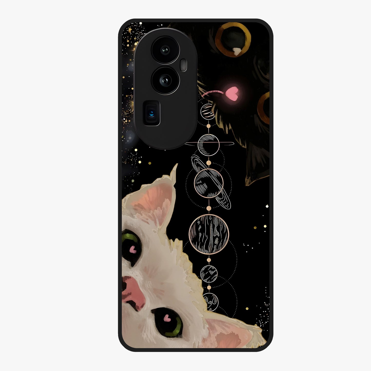 Galactic Cat Glass Case showing flat back view with cosmic cat artwork and glossy glass finish.