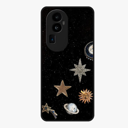 Galactic Charm Glow Glass Case showing flat back view with glowing celestial charm artwork and glossy glass finish.