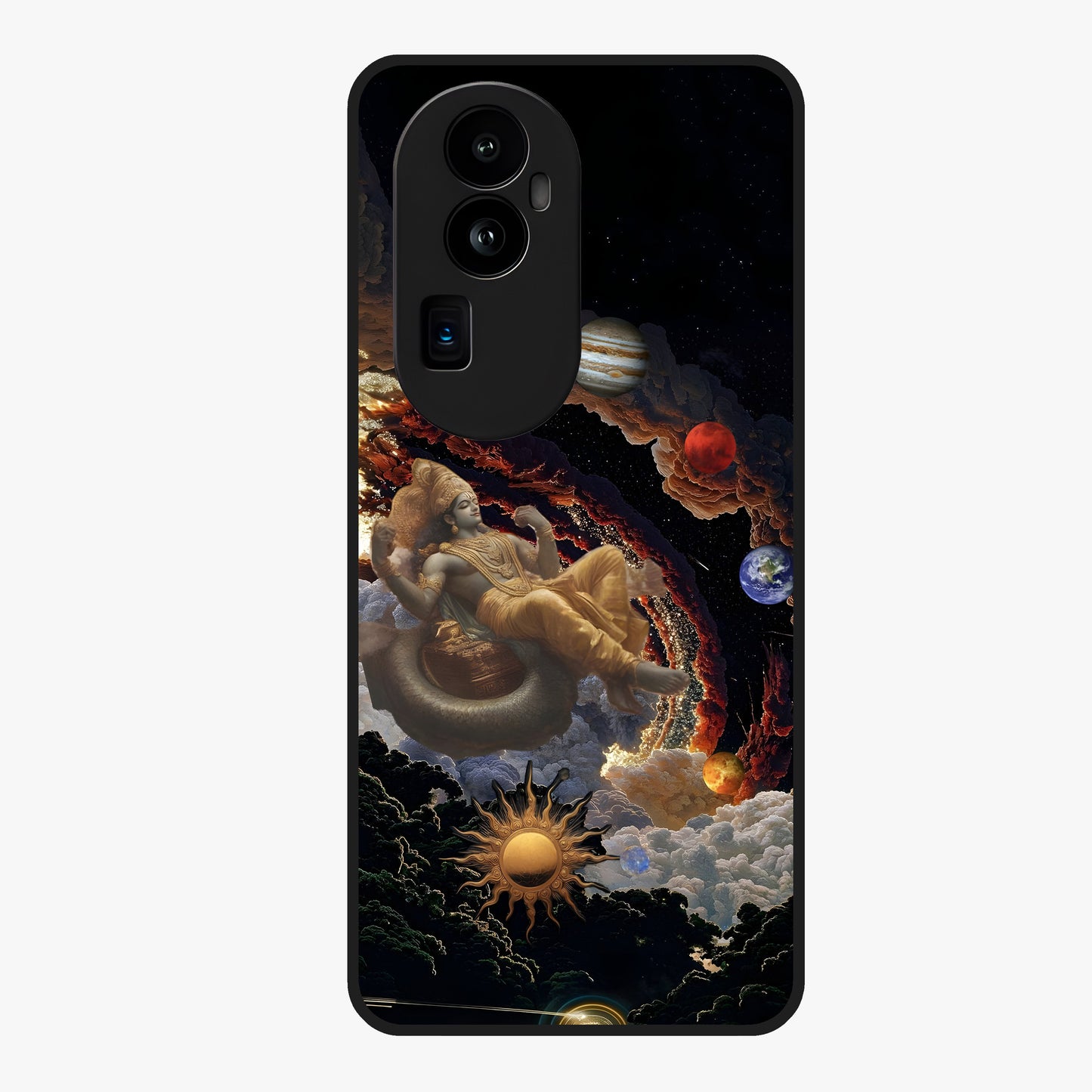 Galactic Divine God Glass Case showing flat back view with divine cosmic themed artwork and glossy glass finish.