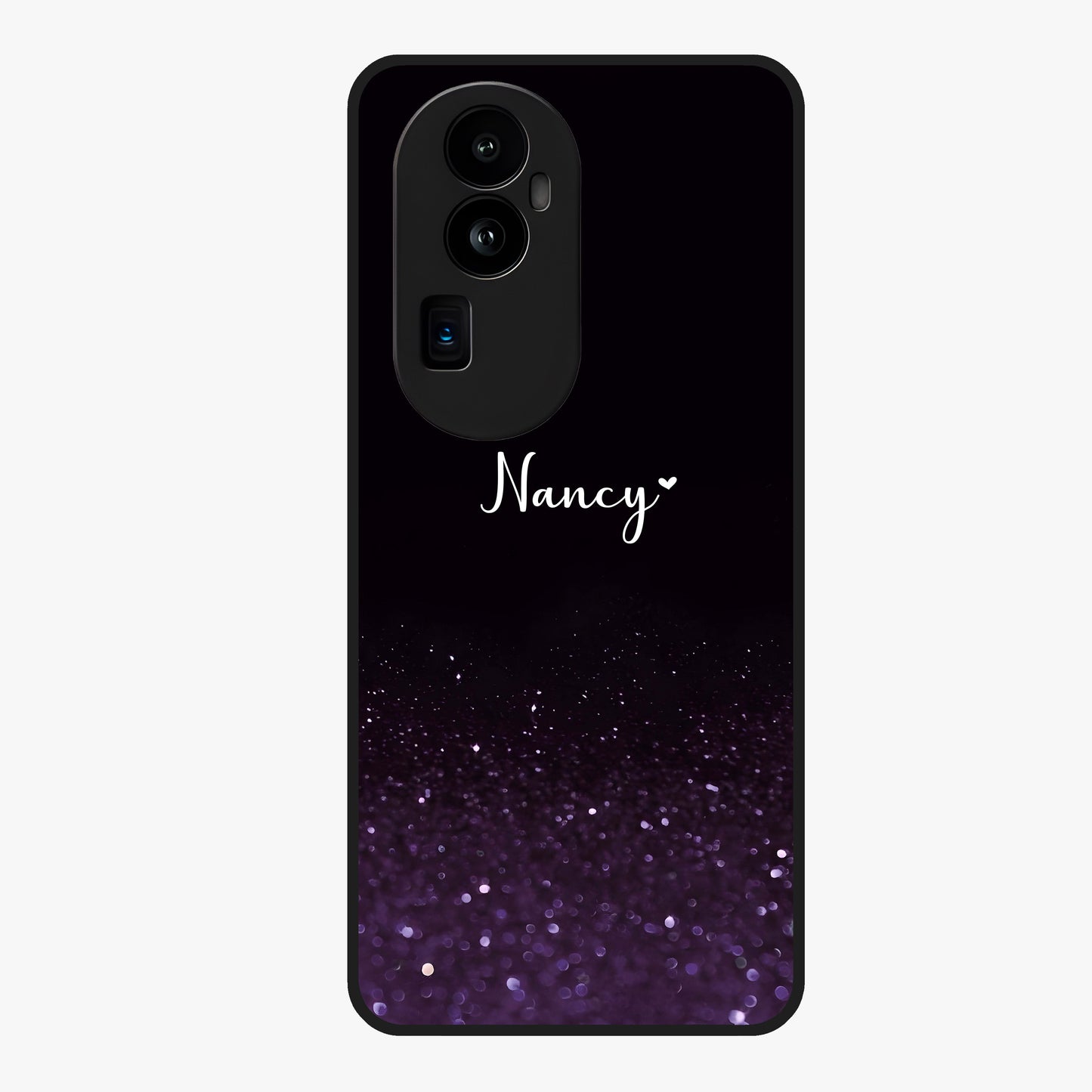 Glittery Purple Bokeh Custom Name Glass Case showing flat back view with purple bokeh sparkle artwork and personalized name design.