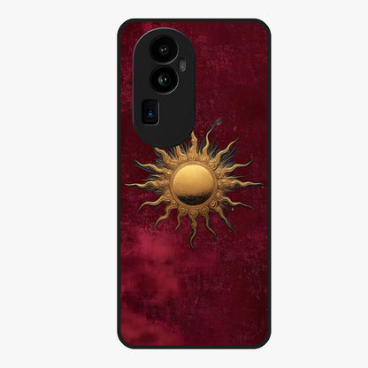 Gold Sun Blush Glass Case showing flat back view with golden sun inspired artwork and glossy glass finish.