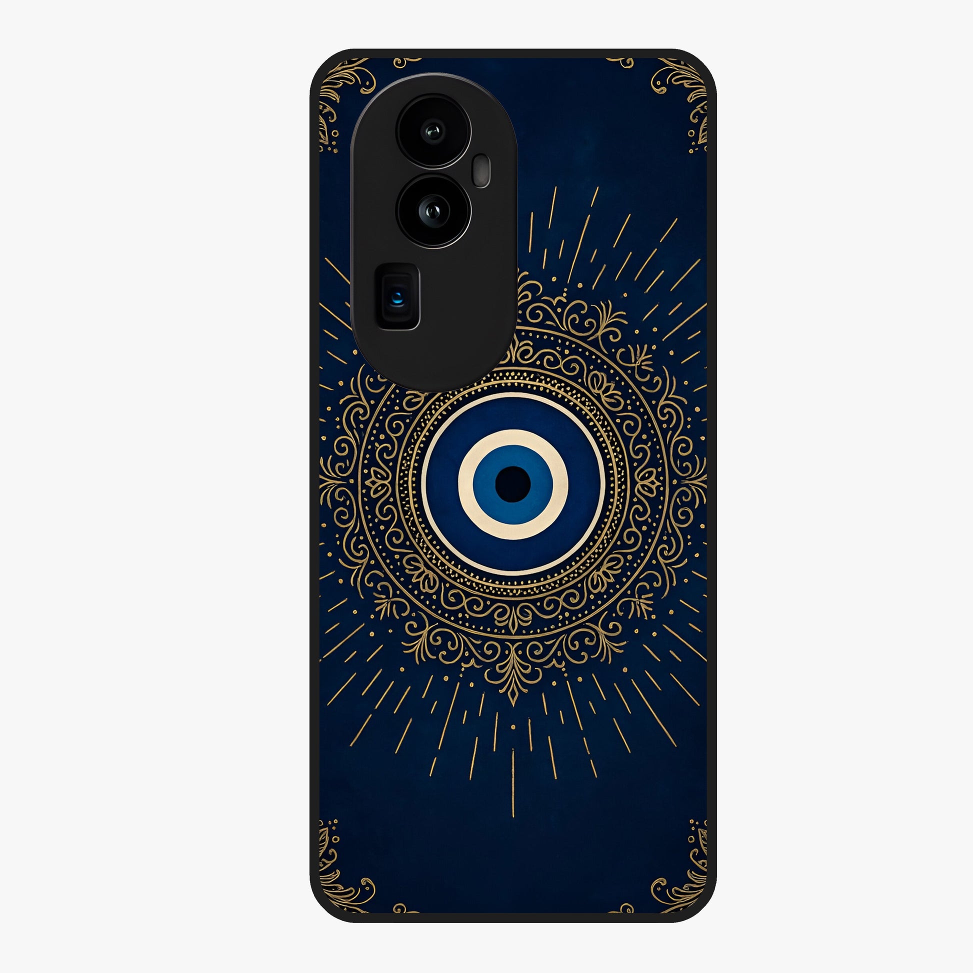 Golden Evil Eye Mandala Glass Case showing flat back view with intricate evil eye mandala artwork and glossy glass finish.