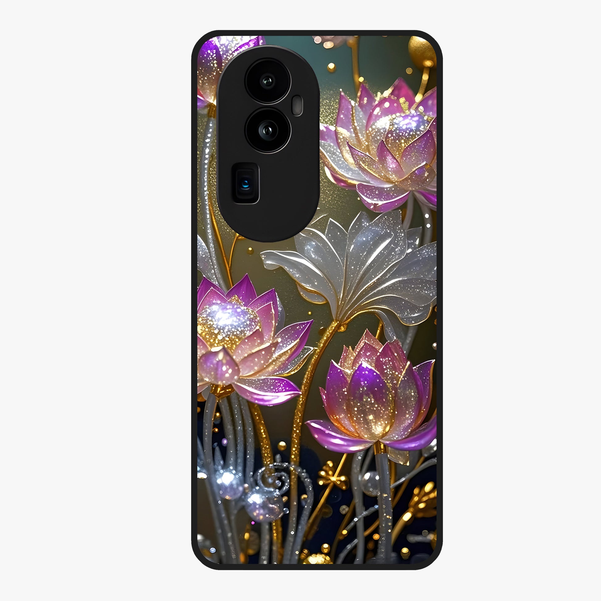 Golden Lotus Glow Glass Case showing flat back view with glowing lotus flower artwork and glossy glass finish.