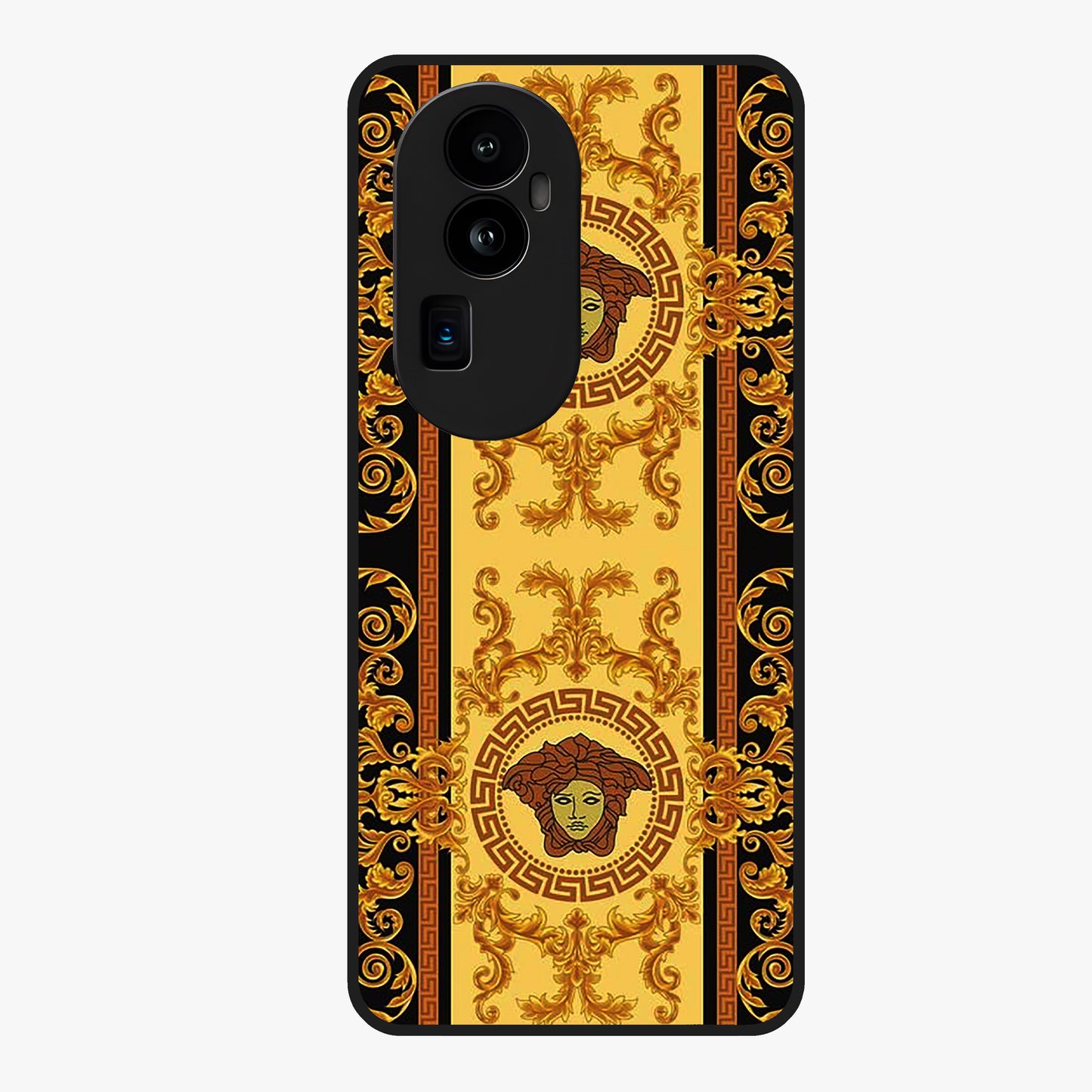 Golden Royal Heritage Glass Case showing flat back view with ornate royal pattern artwork and glossy glass finish.