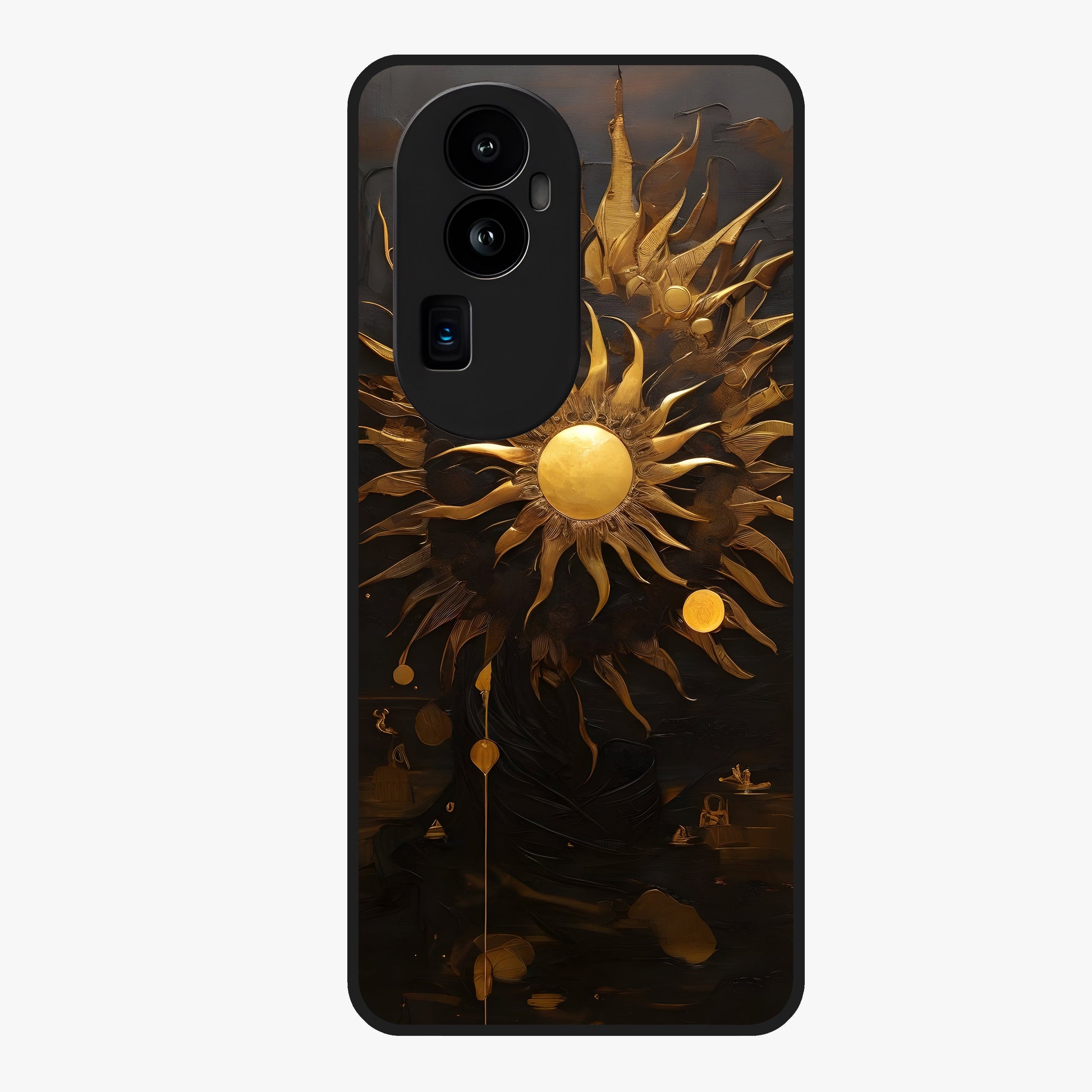 Golden Sun Majesty Glass Case showing flat back view with radiant golden sun artwork and glossy glass finish.