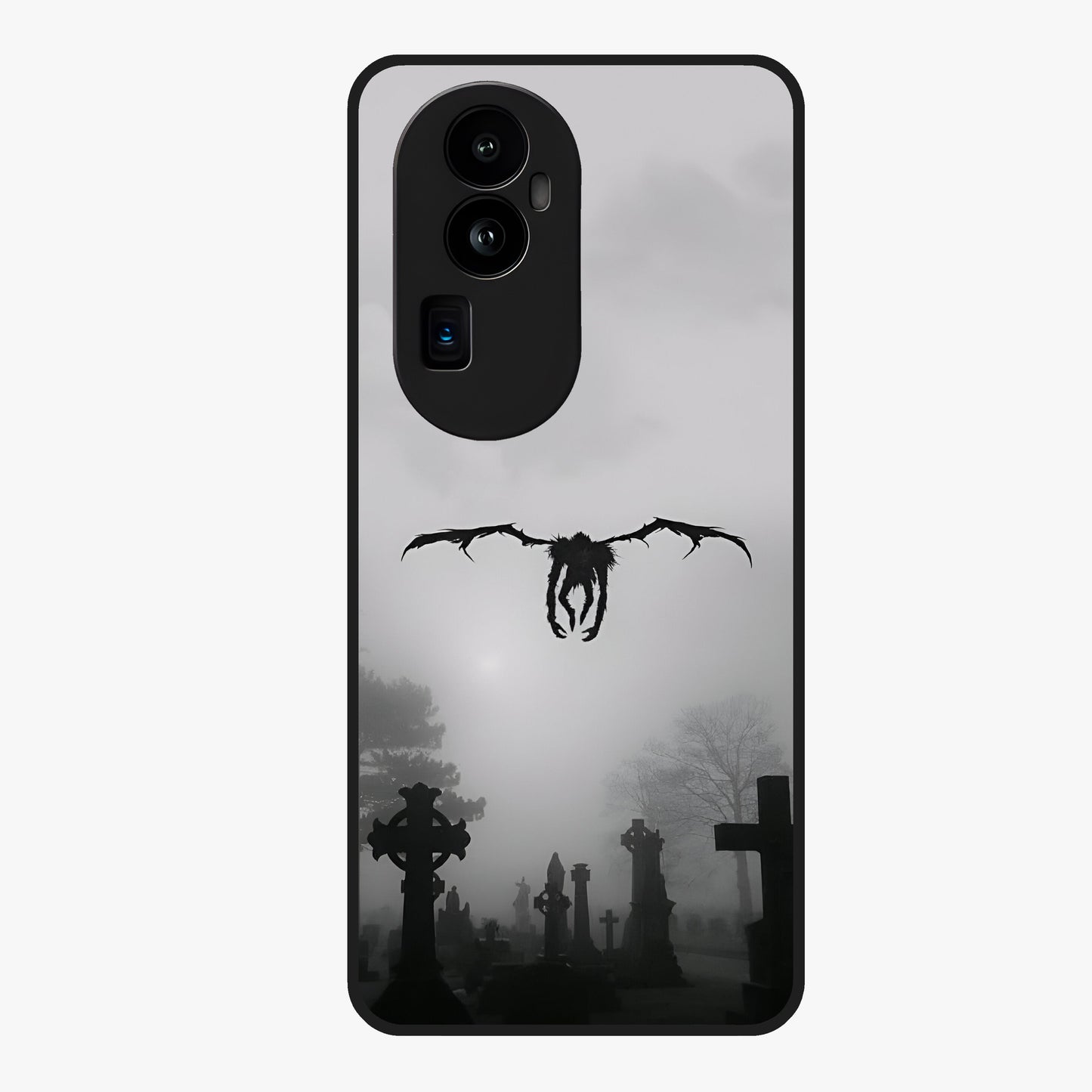 Graveyard Shadow Descent Glass Case showing flat back view with dark graveyard themed artwork and glossy glass finish.