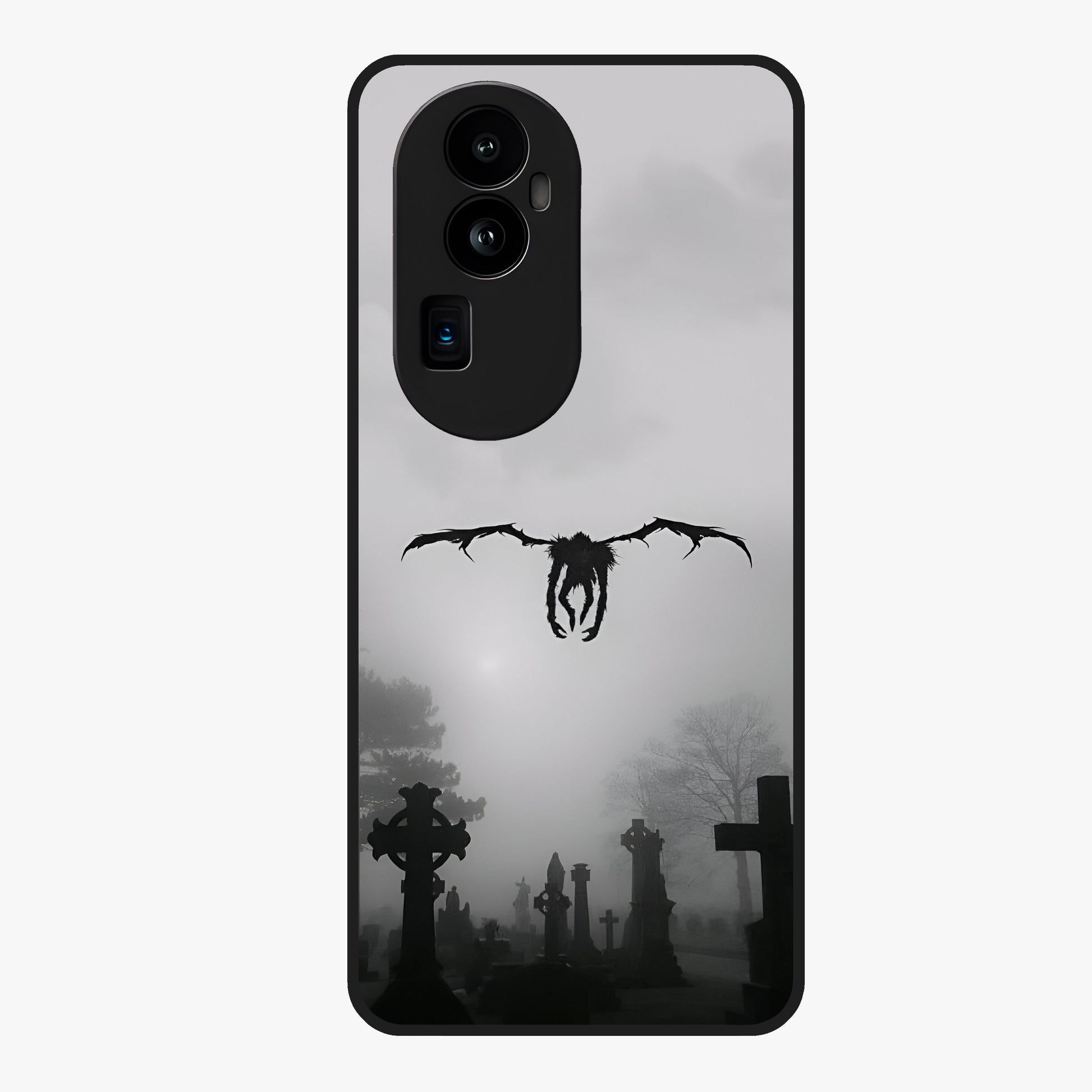 Graveyard Shadow Descent Glass Case showing flat back view with dark graveyard themed artwork and glossy glass finish.