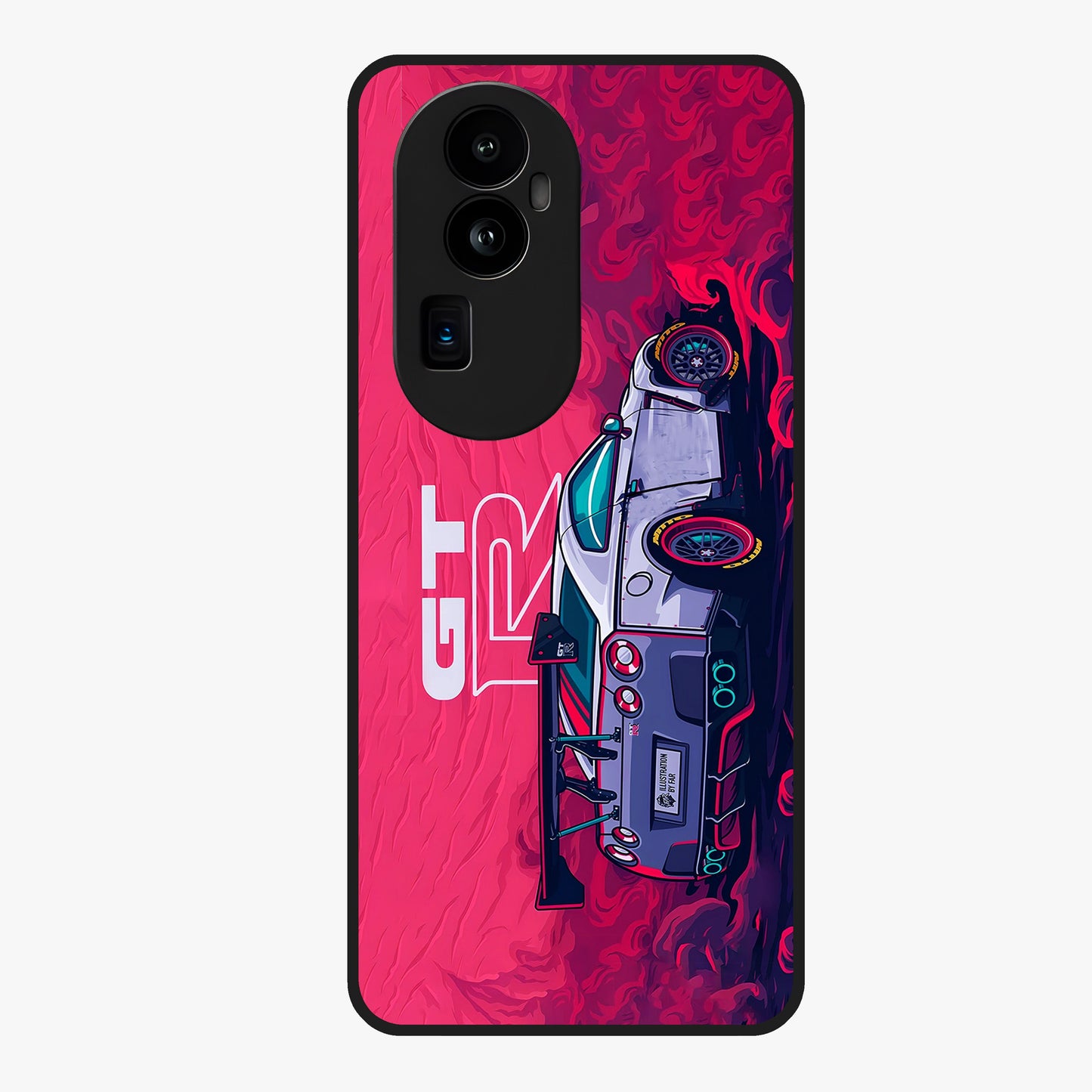 GT-R Car Pattern Glass Case showing flat back view with sporty car inspired pattern artwork and glossy glass finish.