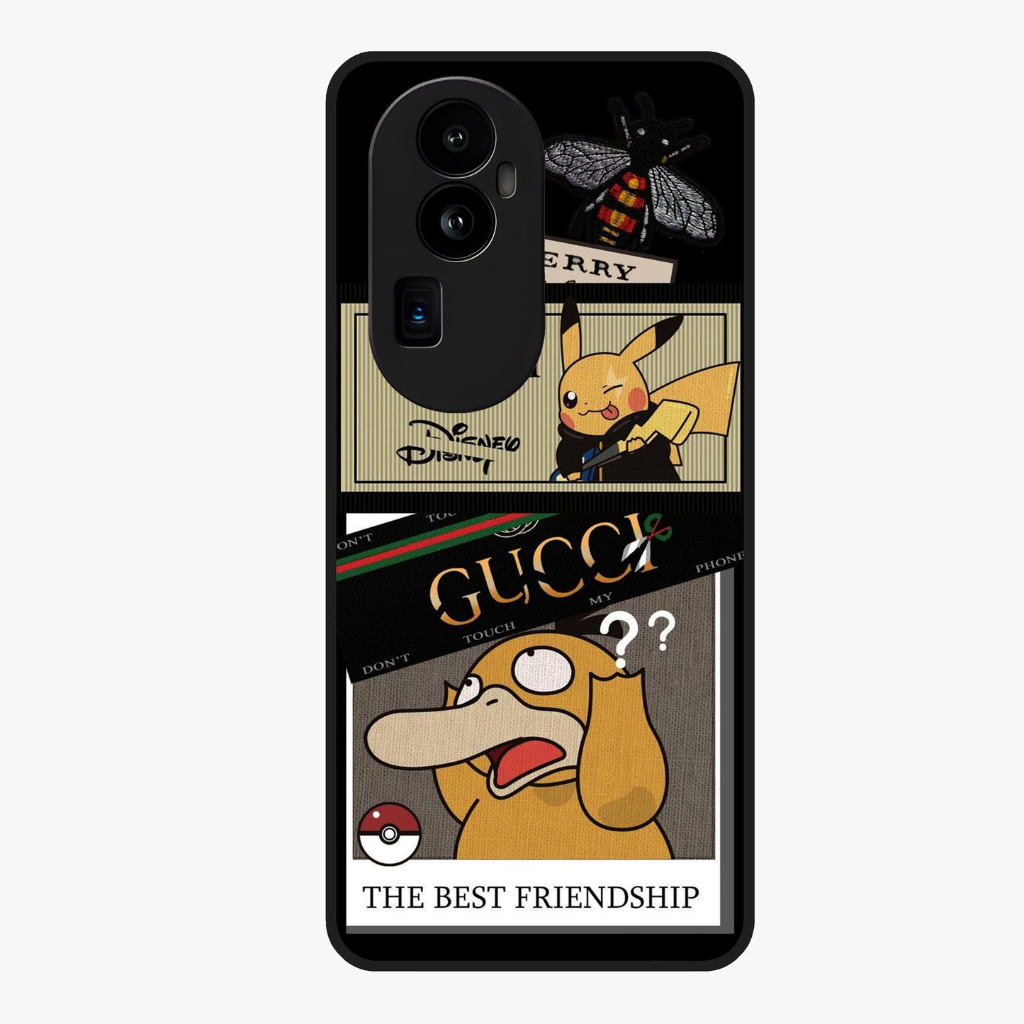 Gucci Play Mashup Glass Case showing flat back view with luxury inspired graphic artwork and glossy glass finish.