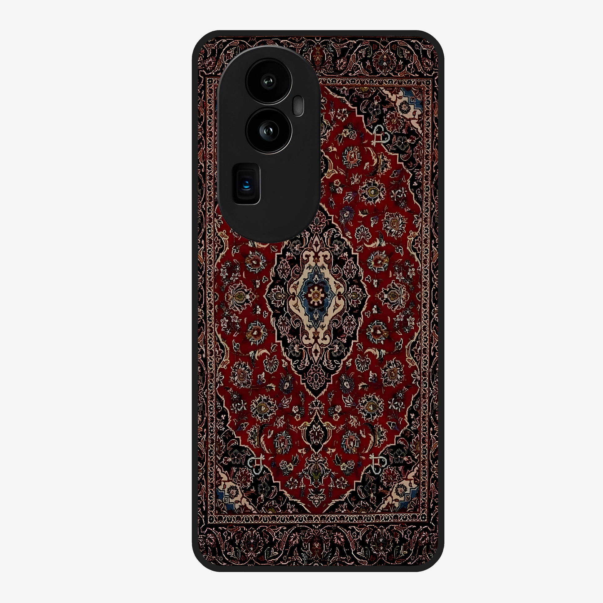 Heritage Carpet Royale Glass Case showing flat back view with ornate Persian carpet inspired pattern and glossy glass finish.