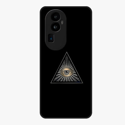 Illuminati Evil Glass Case showing flat back view with mysterious illuminati symbol artwork and glossy glass finish.