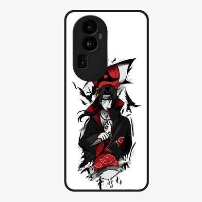 Itachi Sharingan Glass Case showing flat back view with powerful anime eye artwork and glossy glass finish.