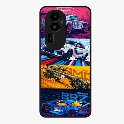 JDM Sports Car Glass Case showing flat back view with high performance sports car artwork and glossy glass finish.