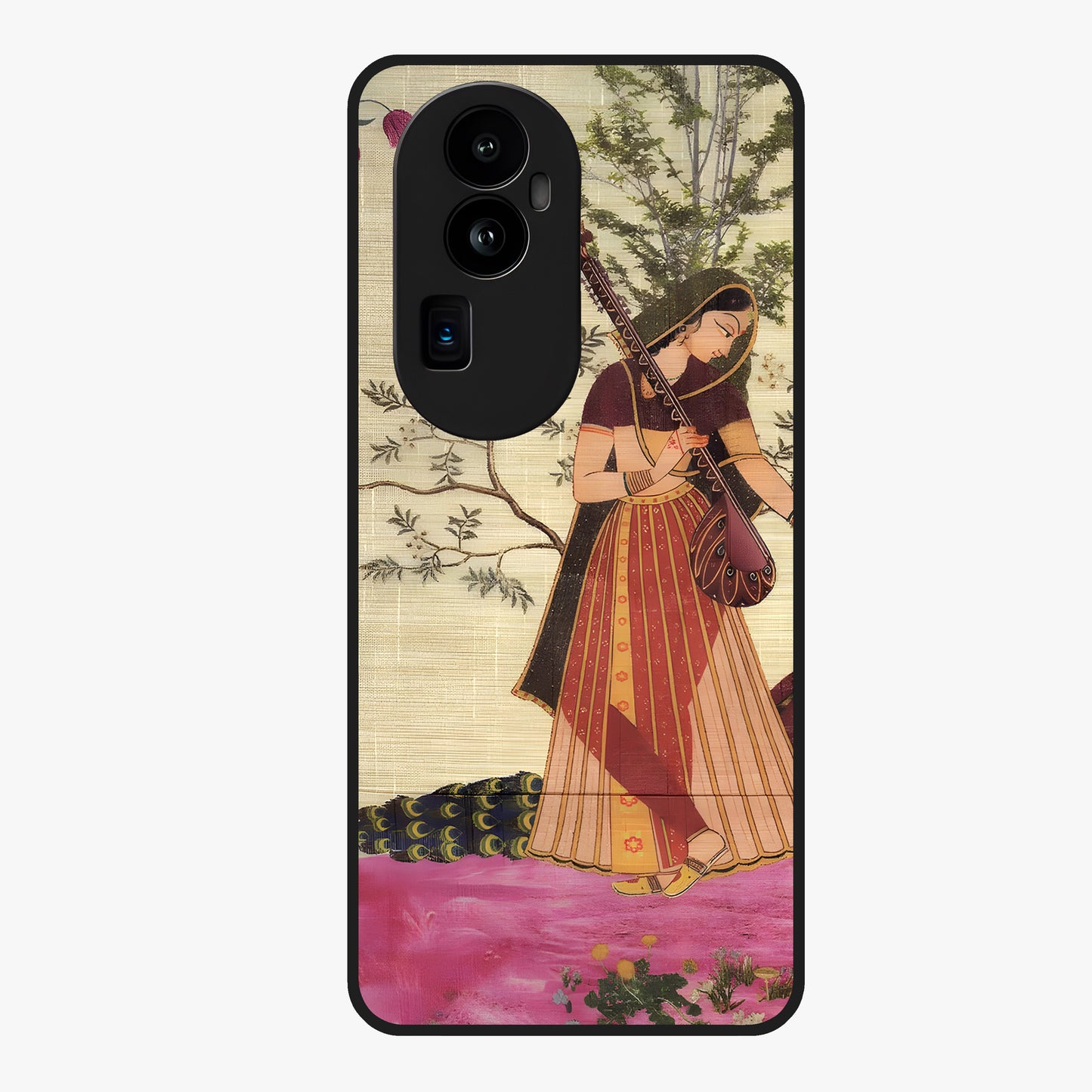 Lady With Veena Art Glass Case showing flat back view with elegant woman playing veena artwork and glossy glass finish.