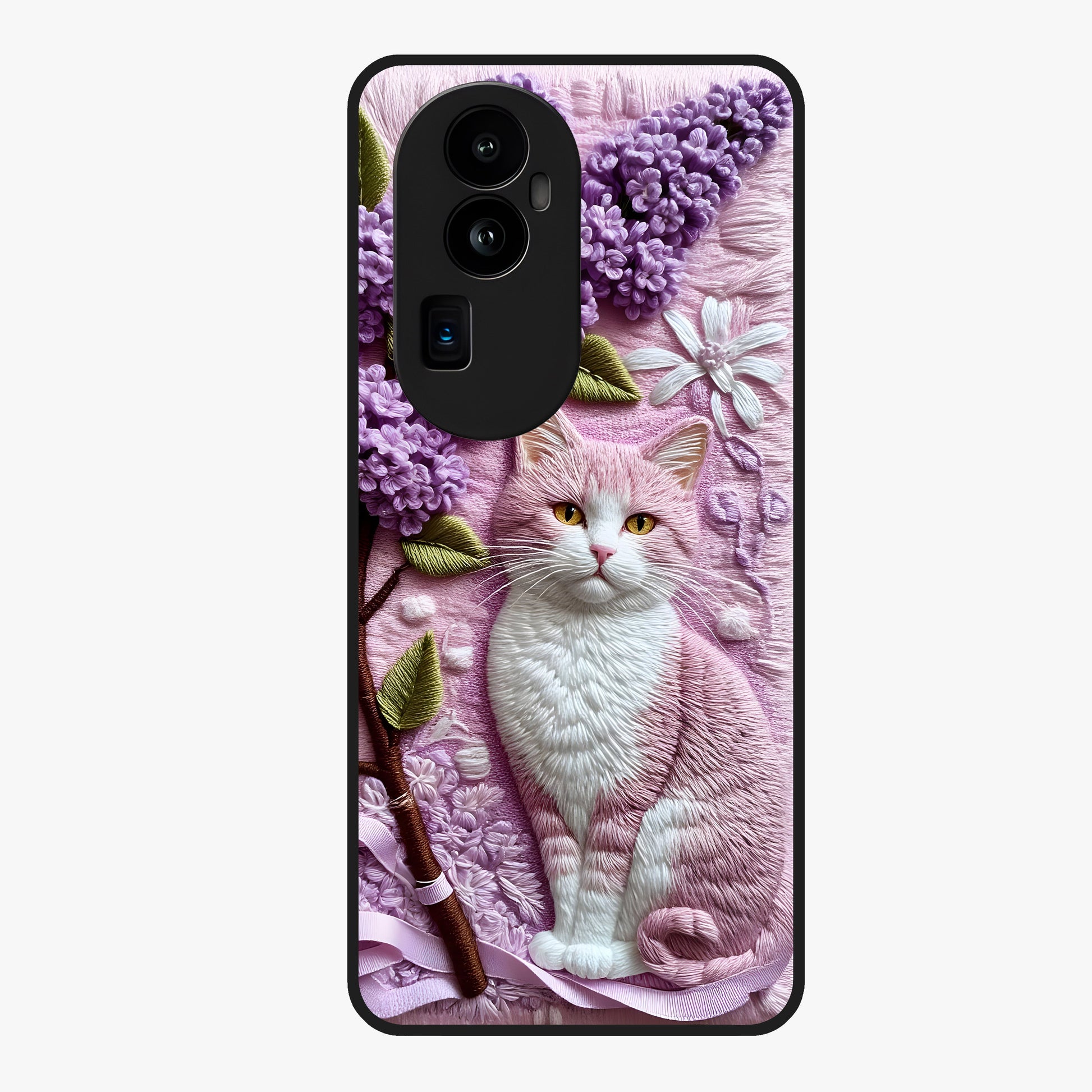 Lavender Cat Whimsy Glass Case showing flat back view with cute lavender cat artwork and glossy glass finish.