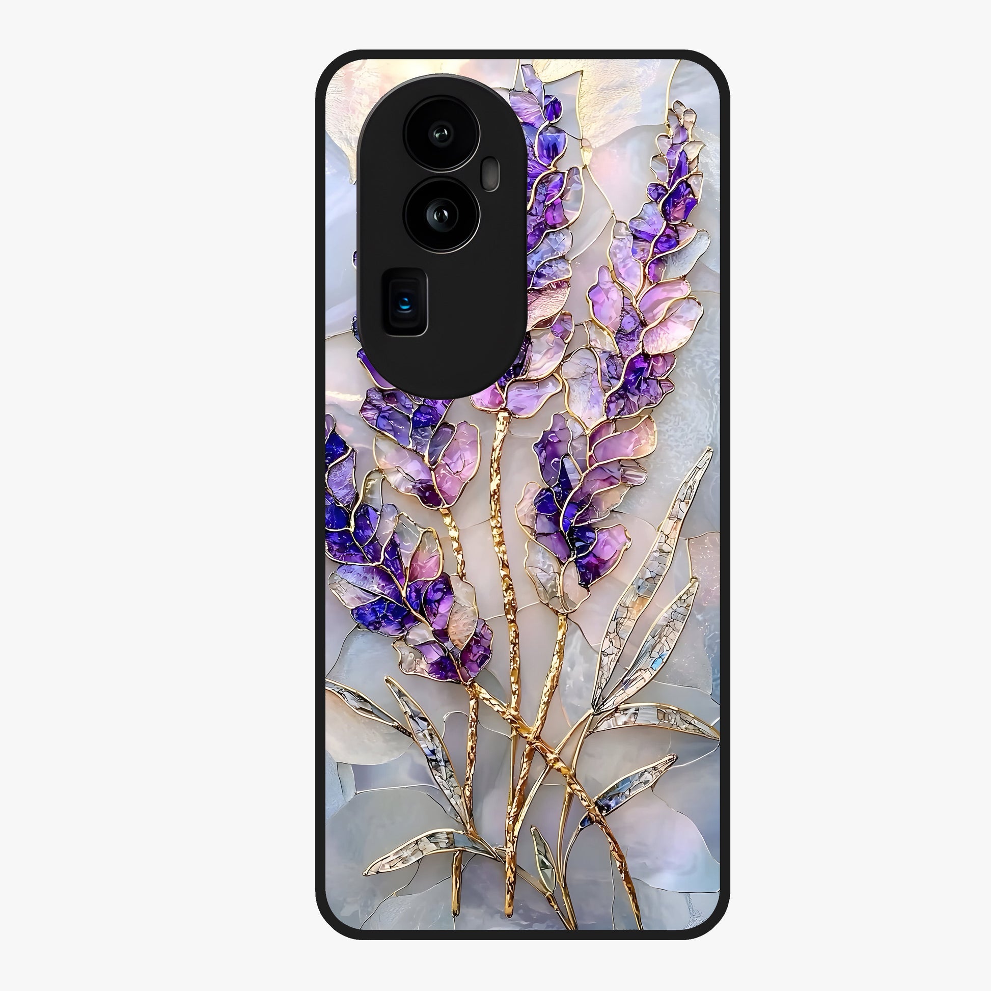 Lavender Dream Glow Glass Case showing flat back view with glowing lavender aesthetic artwork and glossy glass finish.