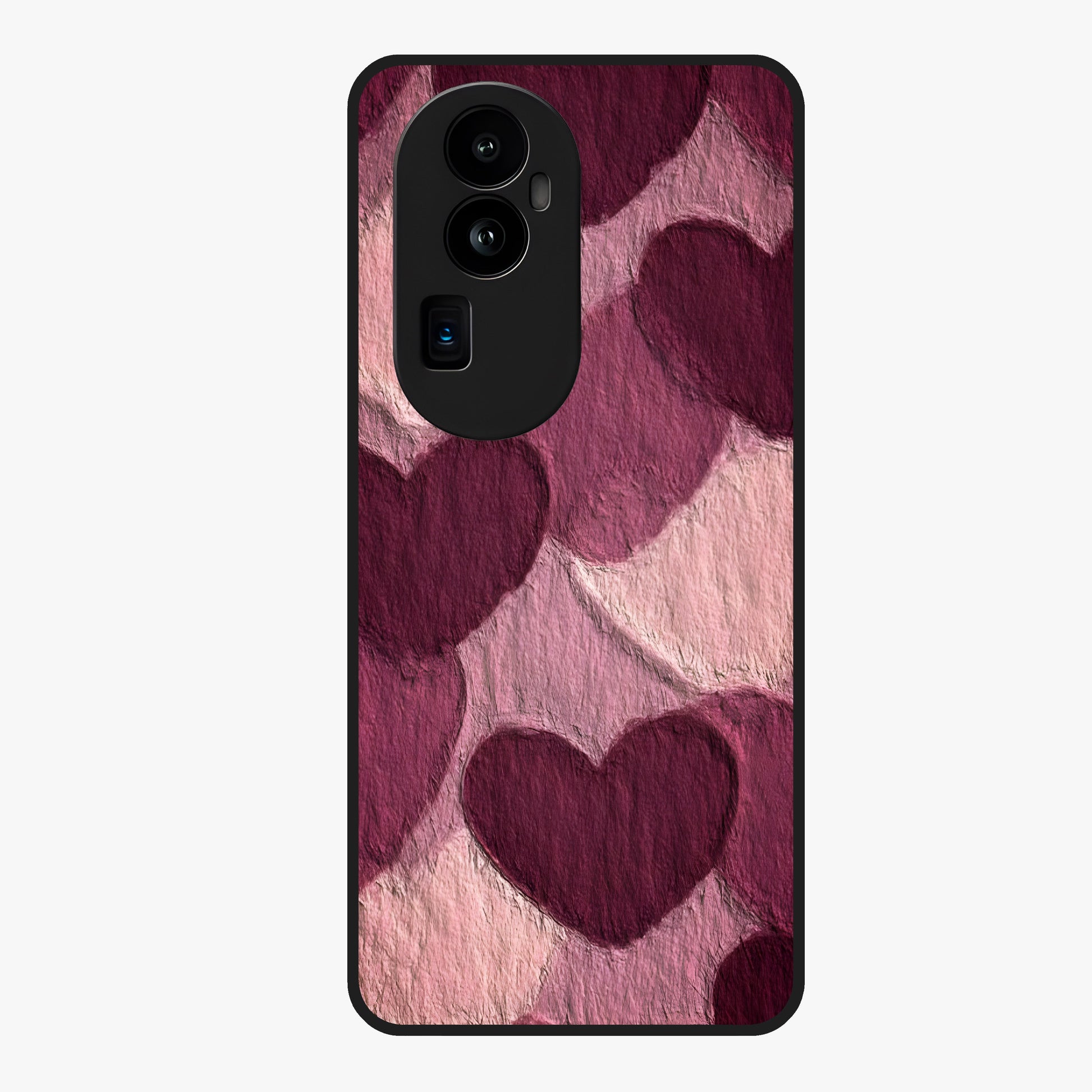 Layered Paper Hearts Glass Case showing flat back view with layered paper heart artwork and glossy glass finish.
