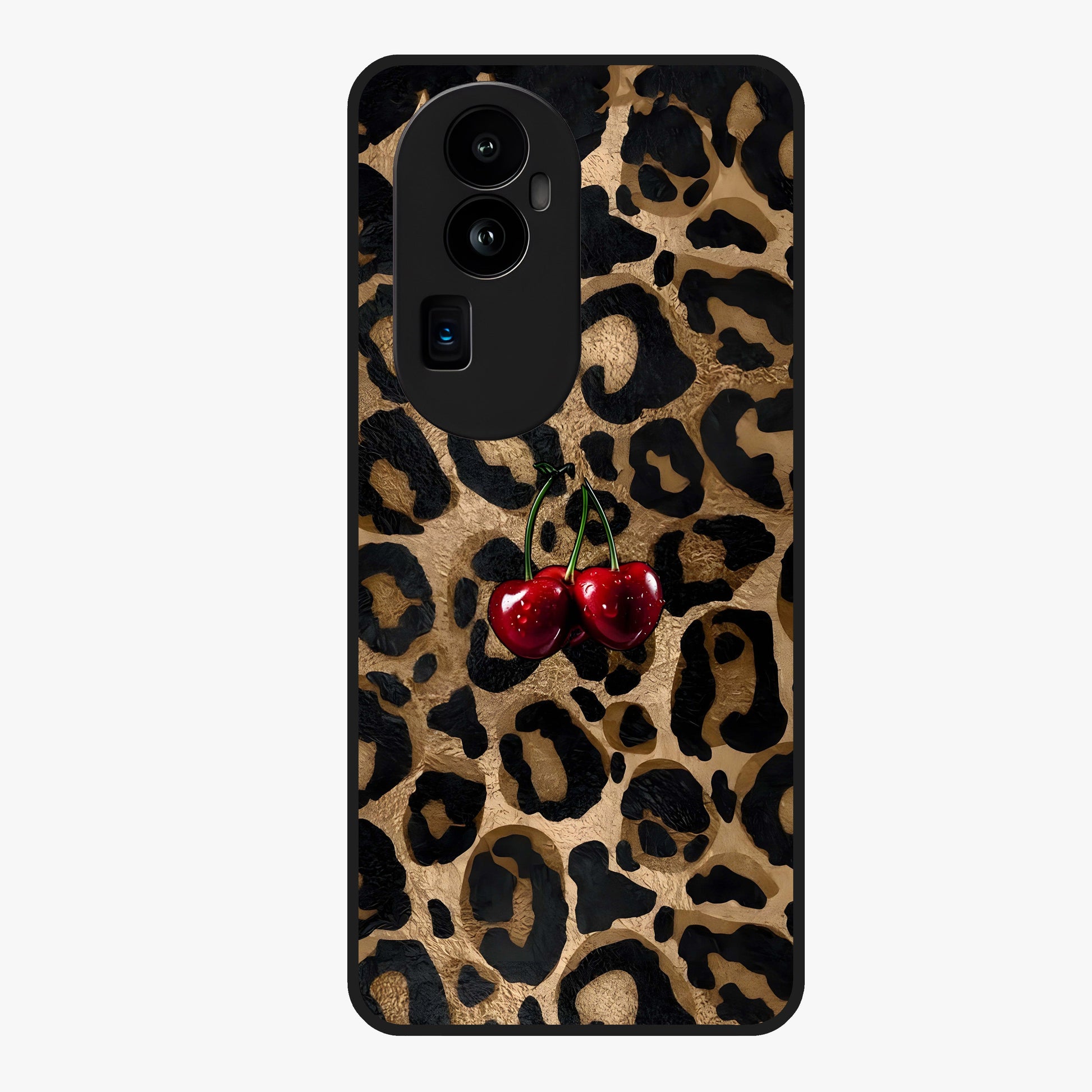 Leopard Wild Cherry Glass Case showing flat back view with leopard pattern and cherry artwork and glossy glass finish.
