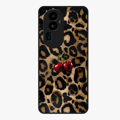 Leopard Wild Cherry Glass Case showing flat back view with leopard pattern and cherry artwork and glossy glass finish.