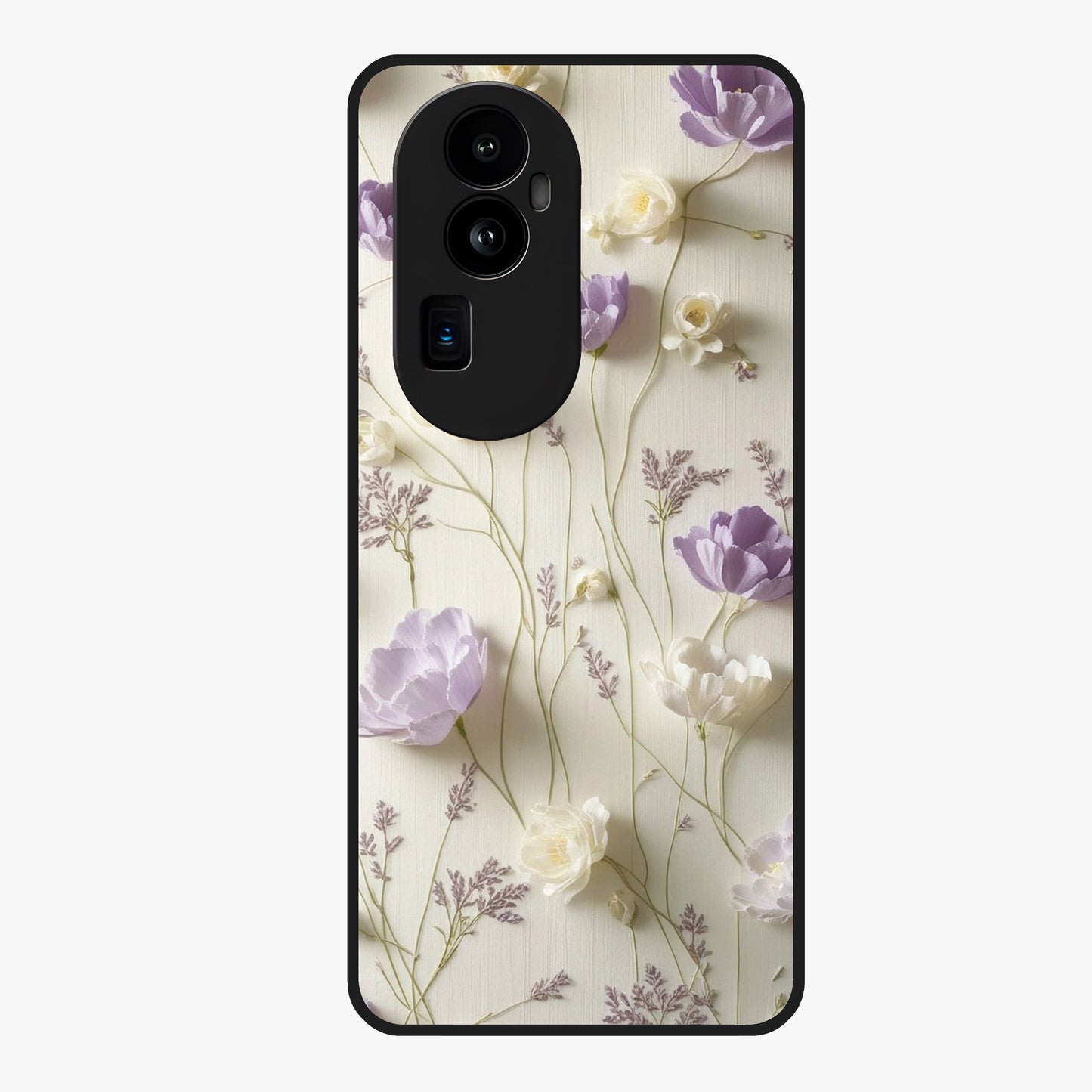 Lilac Breeze Harmony Glass Case showing flat back view with soft lilac themed artwork and glossy glass finish.