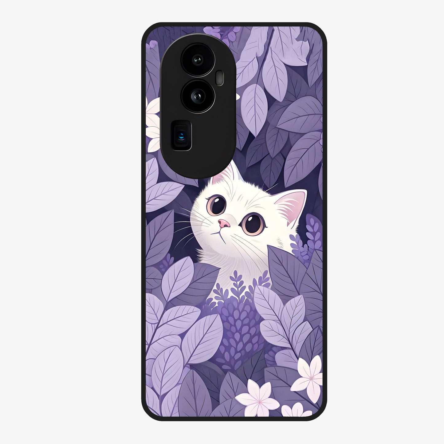 Lilac Hide Peek Cat Glass Case showing flat back view with cute peeking cat artwork and glossy glass finish.