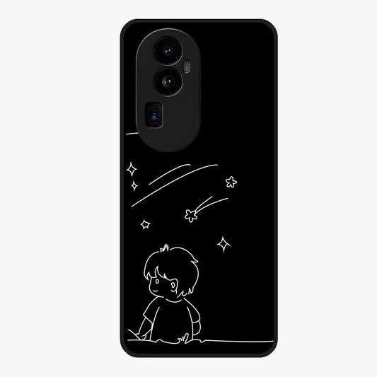 Line Art Boy With Shooting Stars Glass Case showing flat back view with minimal line art boy and shooting stars illustration and glossy glass finish.