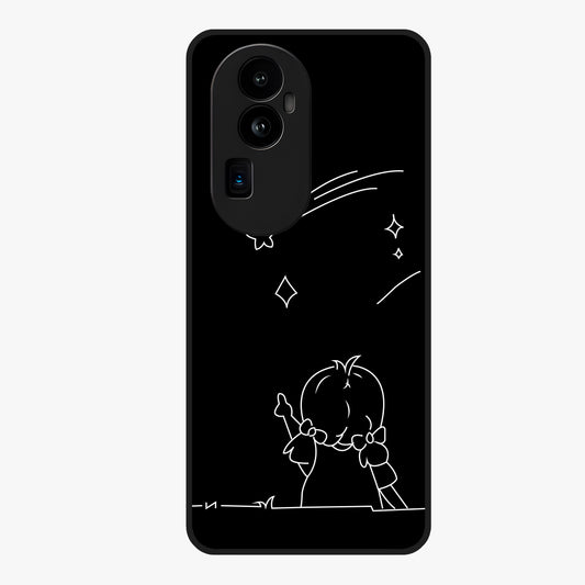 Line Art Girl With Shooting Stars Glass Case showing flat back view with minimal line art girl and shooting stars illustration and glossy glass finish.