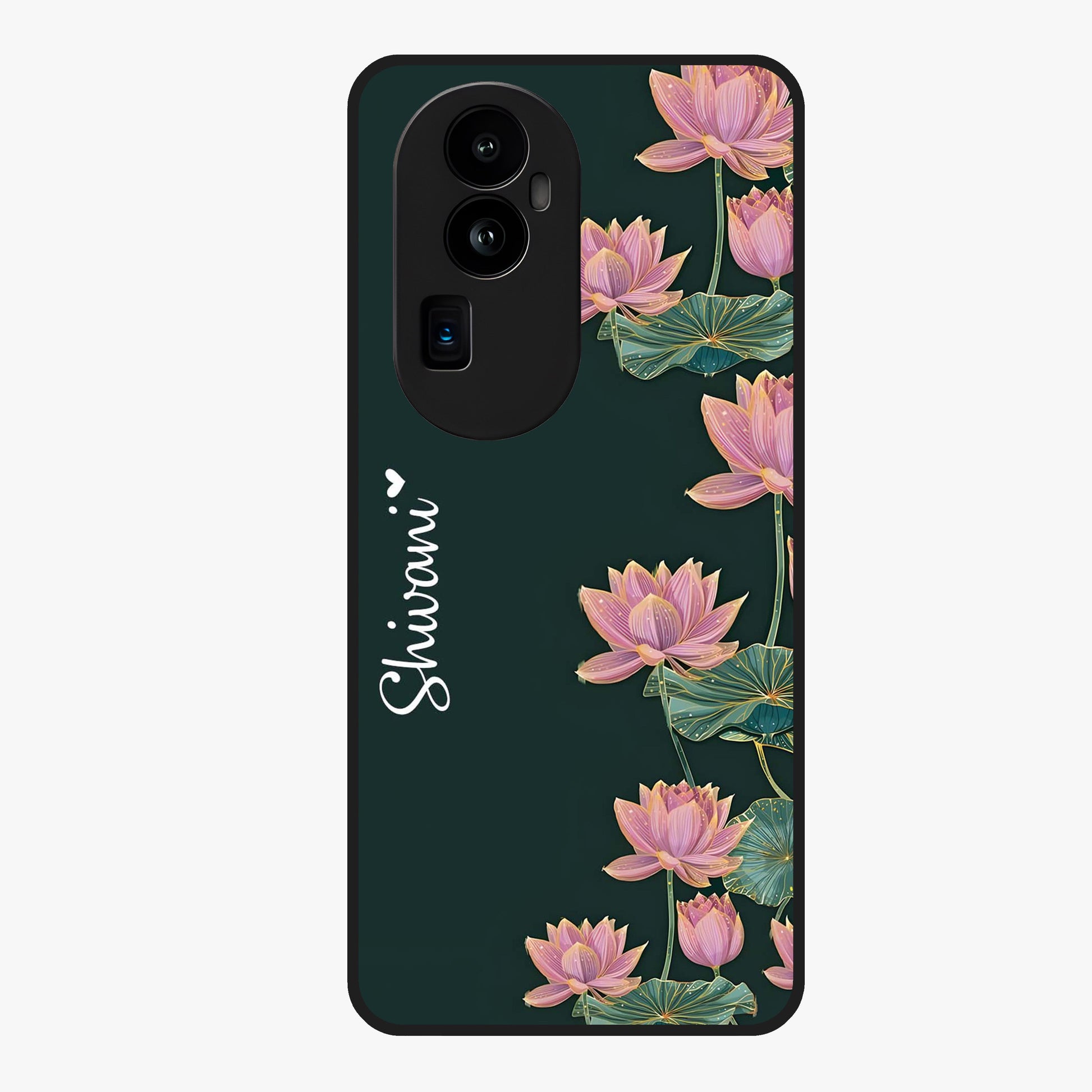 Lotus Bloom Serenity Custom Name Glass Case showing flat back view with elegant lotus flower artwork and personalized name design.