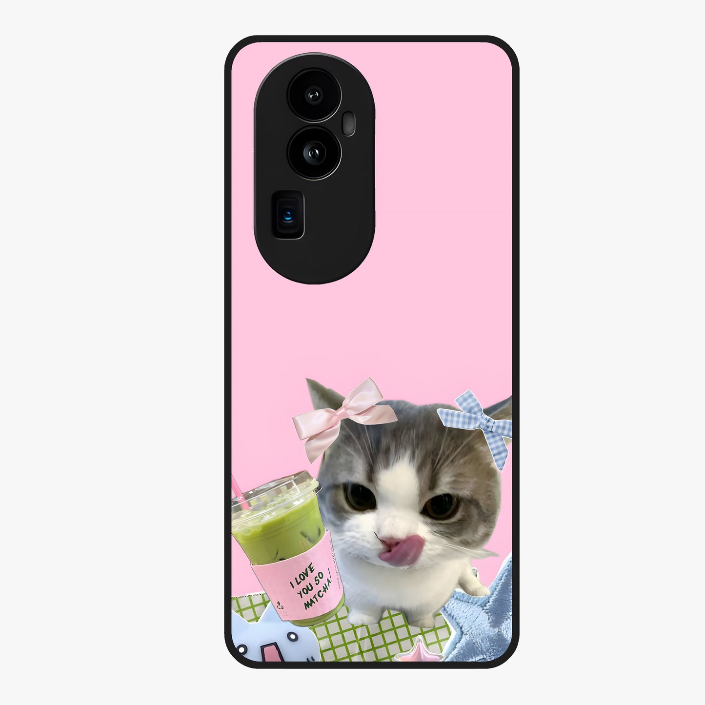 Love Matcha Cat Glass Case showing flat back view with cute cat and matcha themed artwork and glossy glass finish.