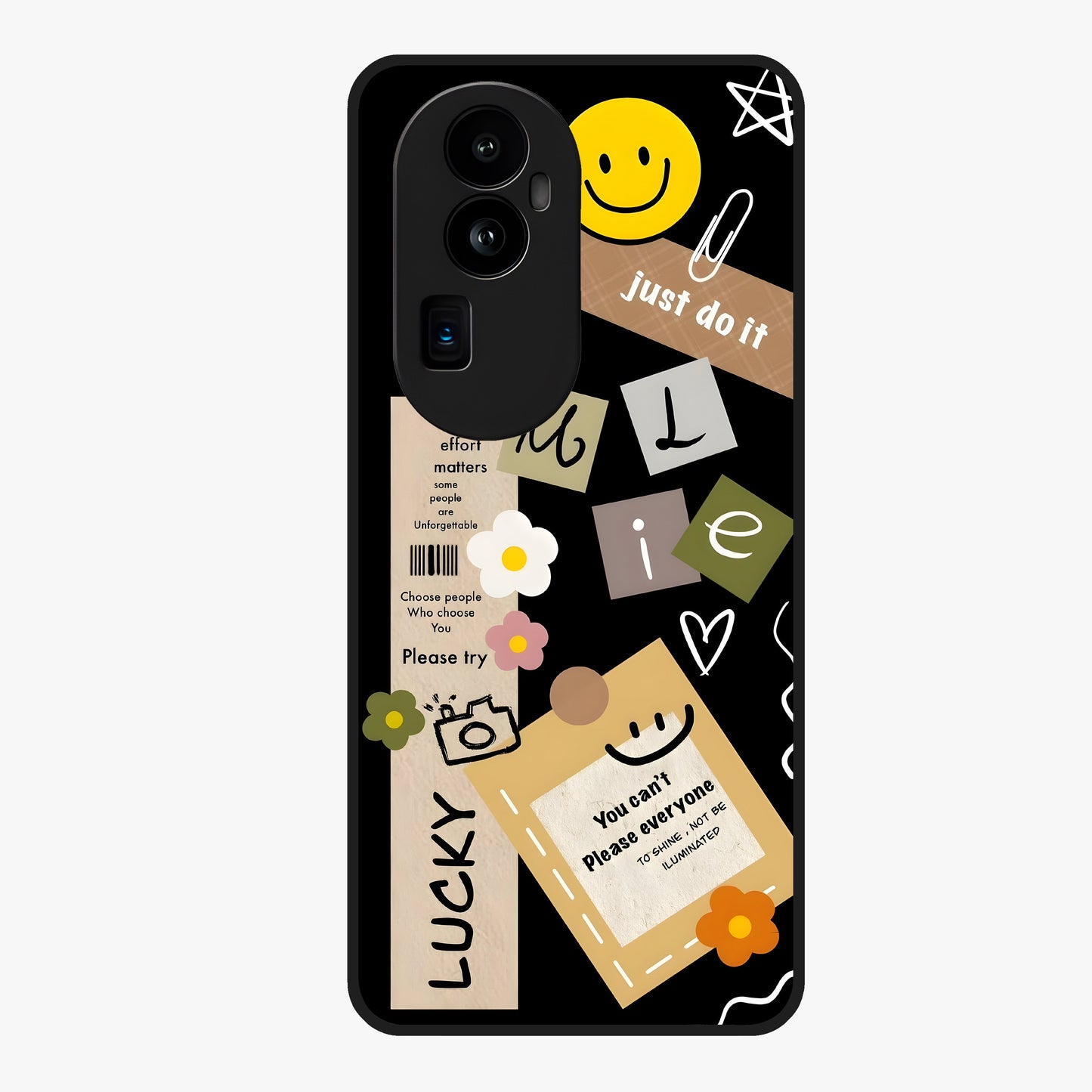 Lucky Aesthetic Collage Glass Case showing flat back view with trendy aesthetic collage artwork and glossy glass finish.