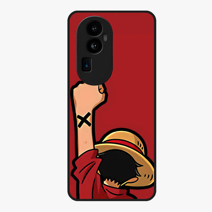 Luffy X Spirit Glass Case showing flat back view with bold anime character artwork and glossy glass finish.
