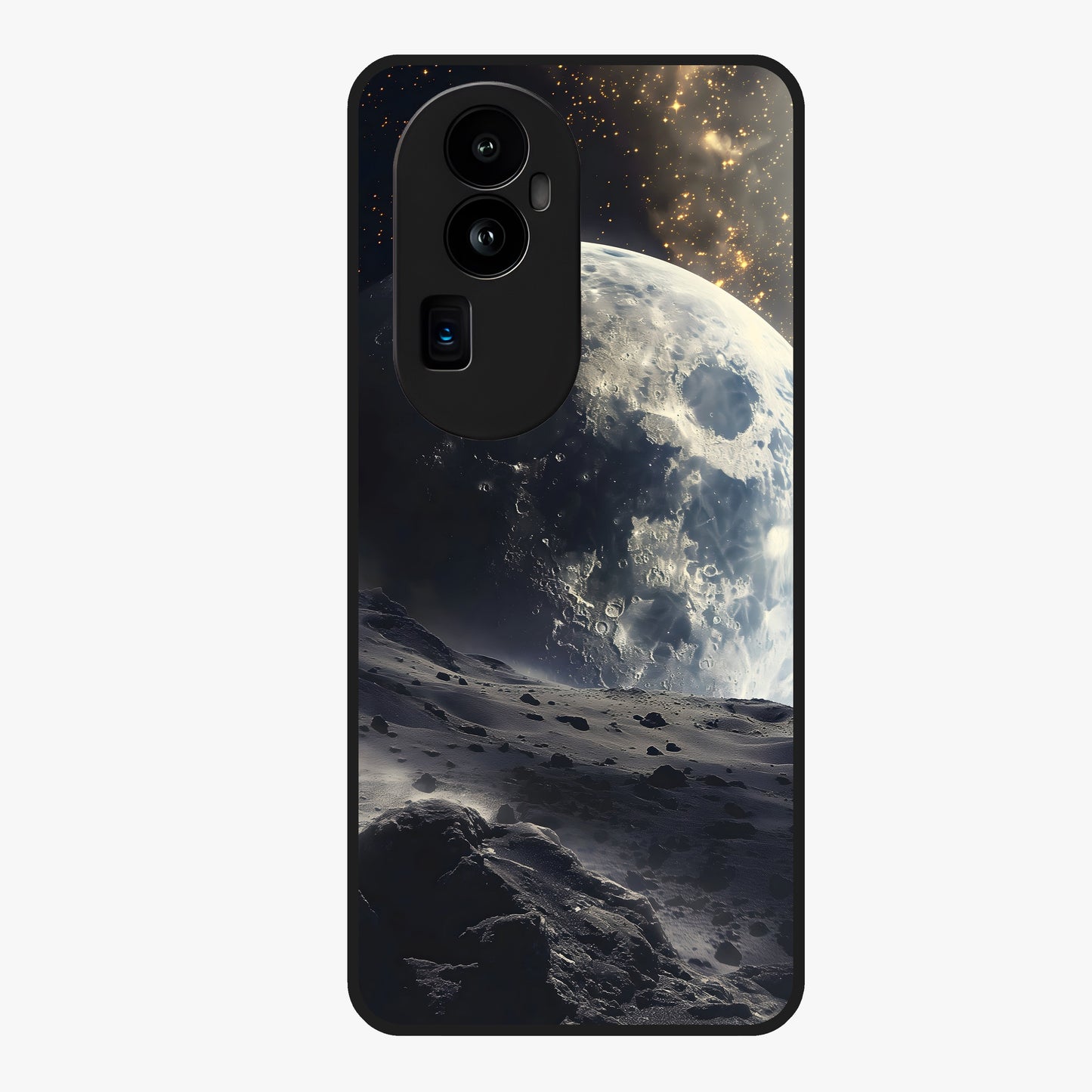 Lunar Horizon Glow Glass Case showing flat back view with glowing moon horizon artwork and glossy glass finish.