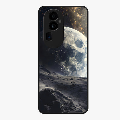 Lunar Horizon Glow Glass Case showing flat back view with glowing moon horizon artwork and glossy glass finish.