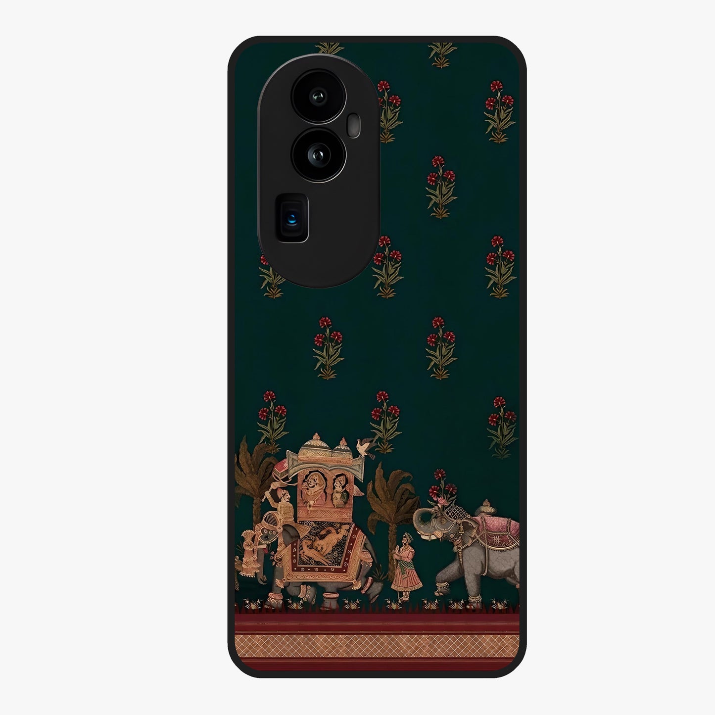 Macmerise Glass Case showing flat back view with stylish modern artwork and glossy glass finish.