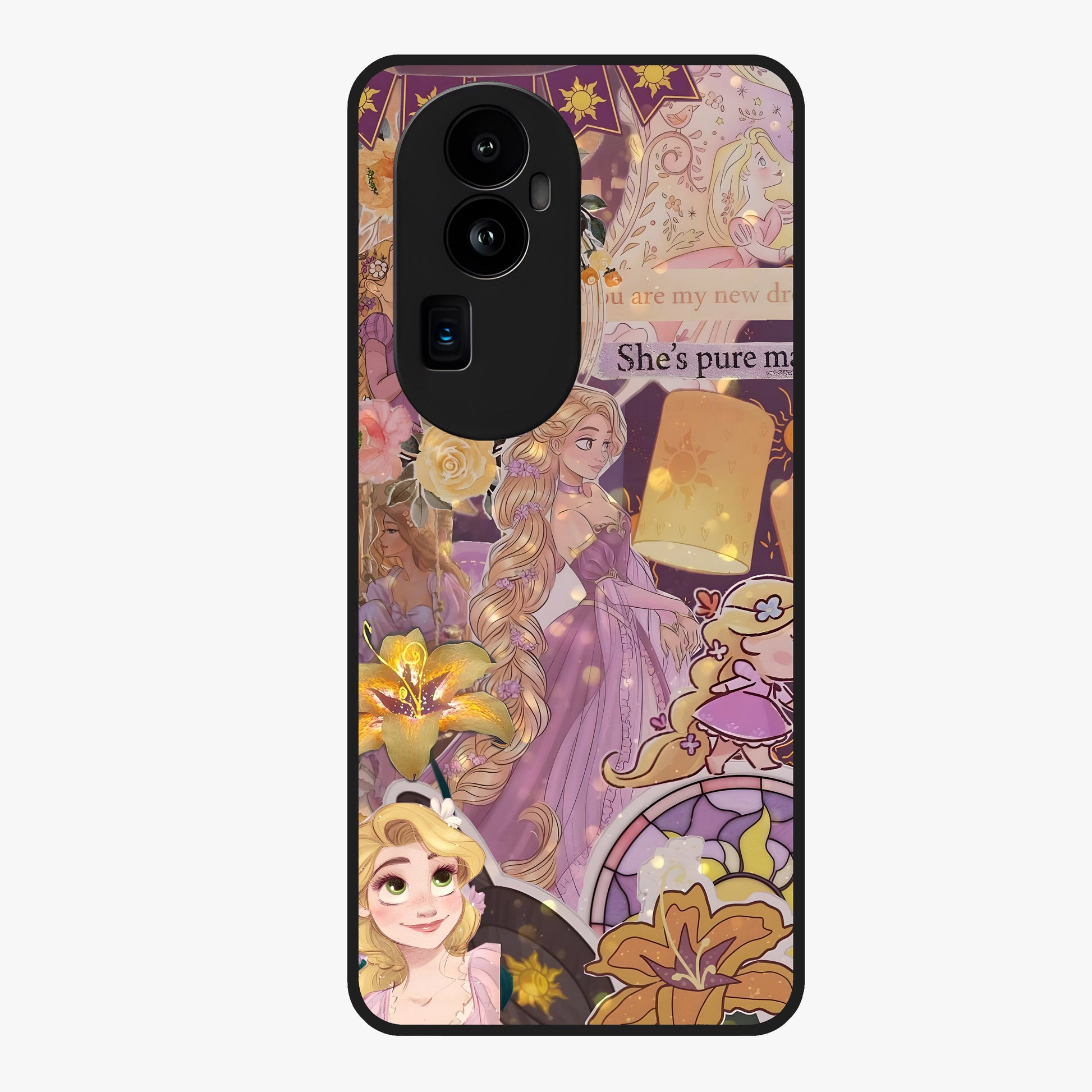 Magical Tangled Dream Glass Case showing flat back view with dreamy tangled artwork and glossy glass finish.