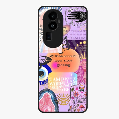 Manifestation Collage Glass Case showing flat back view with motivational collage artwork and glossy glass finish.
