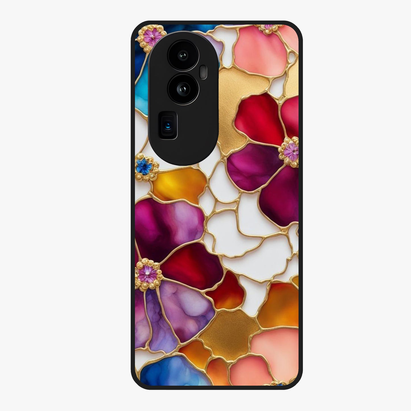Marble Flower Pattern Glass Case showing flat back view with marble texture floral artwork and glossy glass finish.