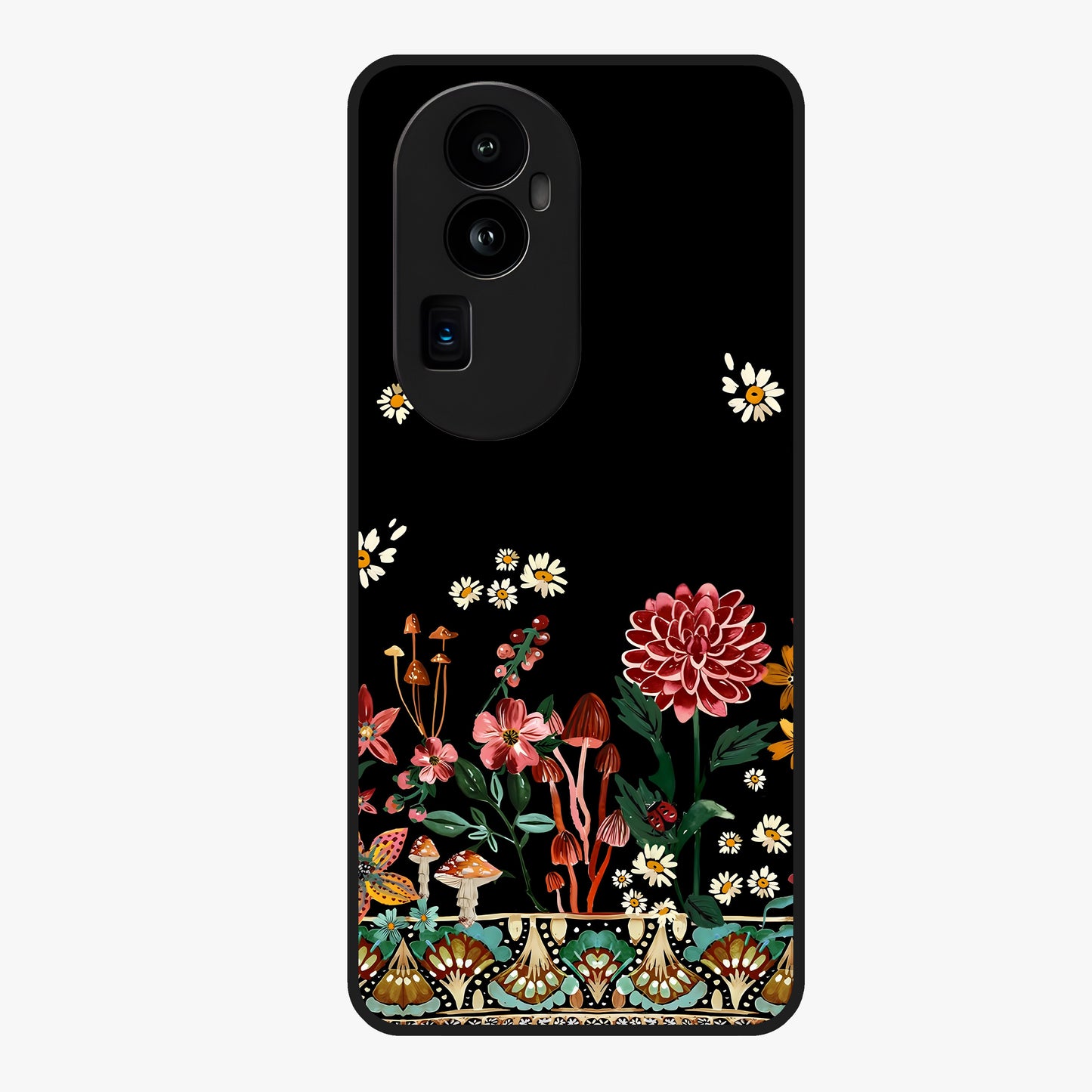 Midnight Bloom Pattern Glass Case showing flat back view with dark floral pattern artwork and glossy glass finish.