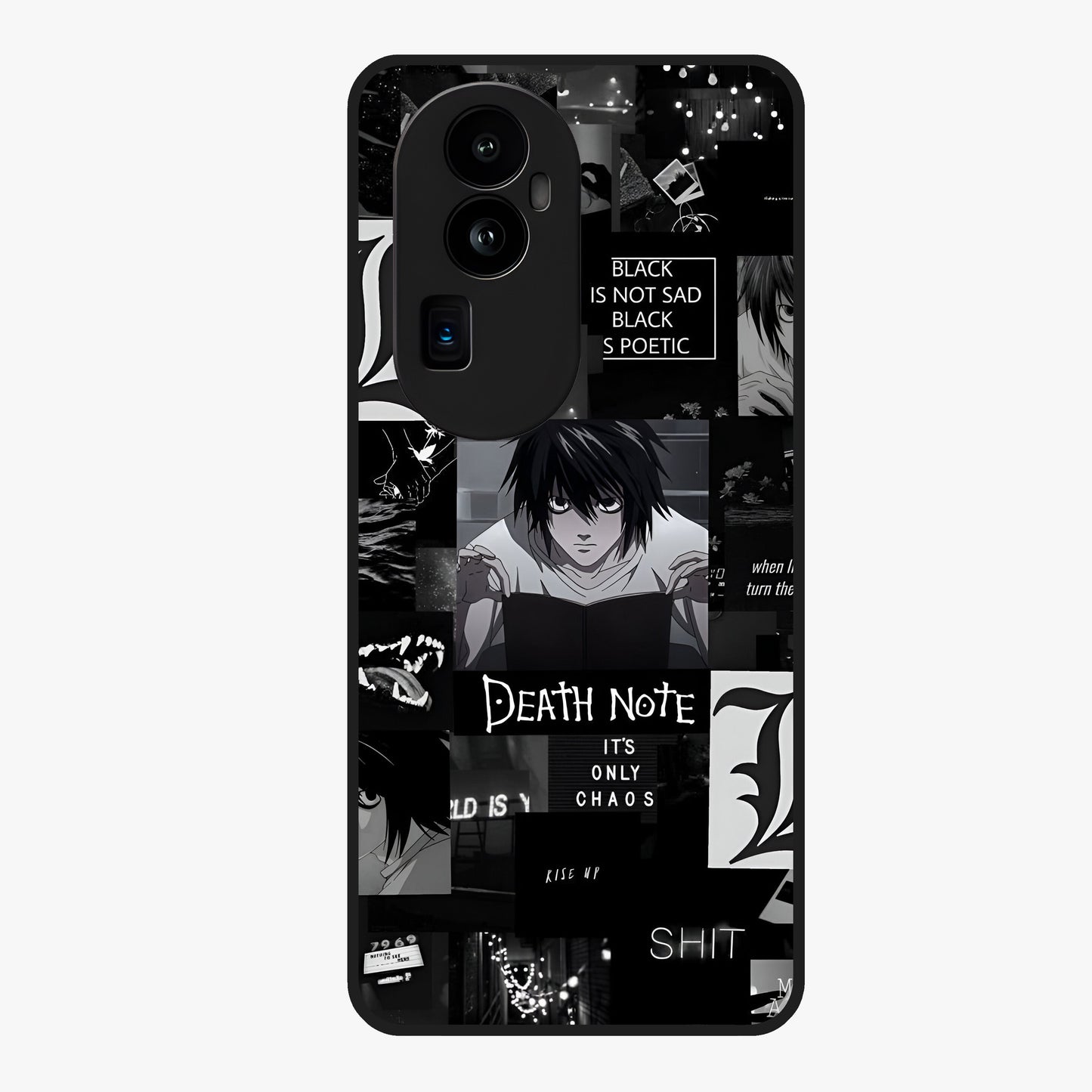 Midnight Chaos Mind Glass Case showing flat back view with abstract dark themed artwork and glossy glass finish.