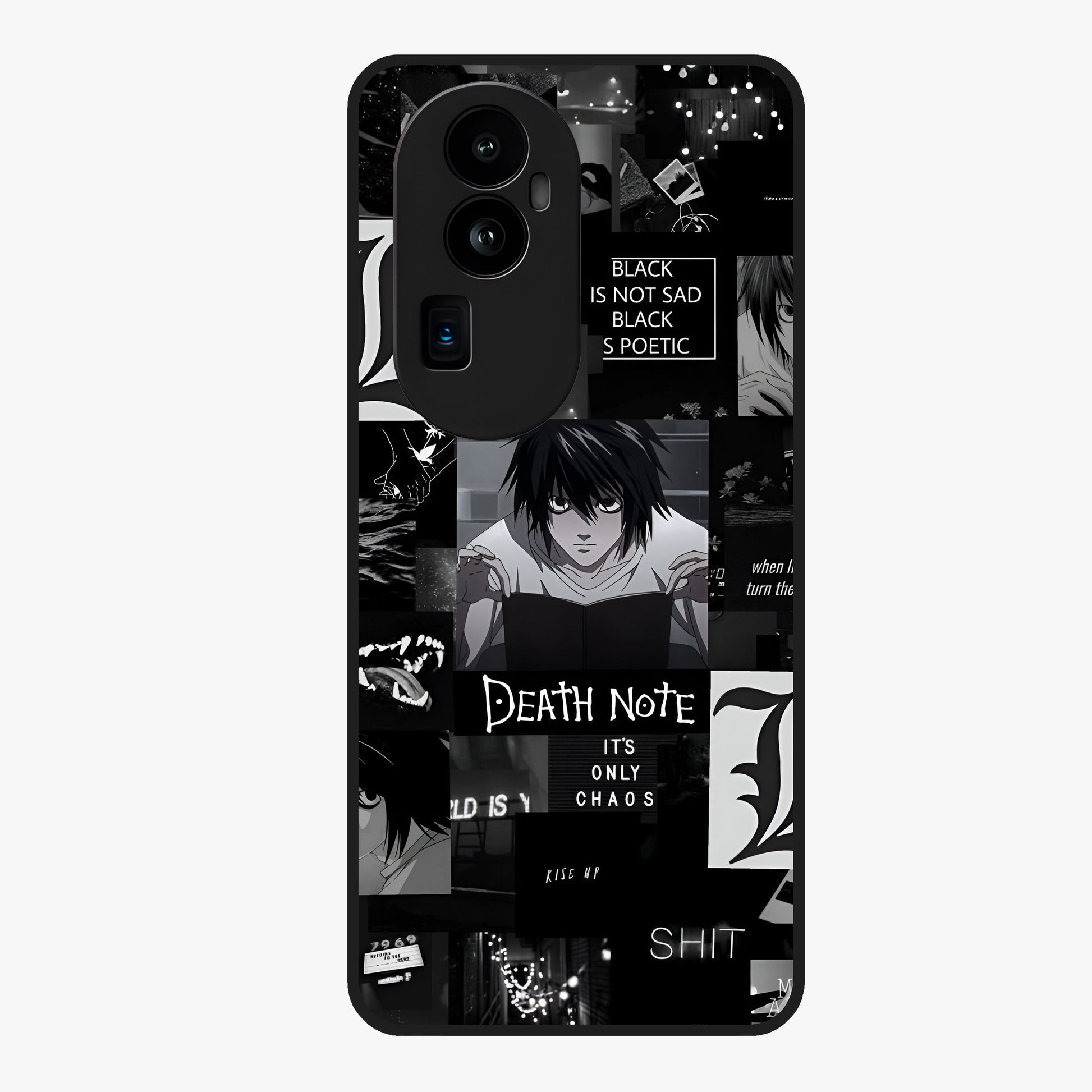 Midnight Chaos Mind Glass Case showing flat back view with abstract dark themed artwork and glossy glass finish.
