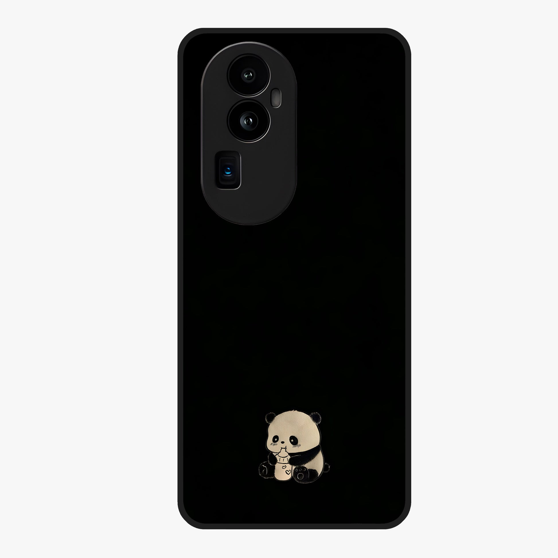 Midnight Panda Love Glass Case showing flat back view with cute panda themed artwork and glossy glass finish.