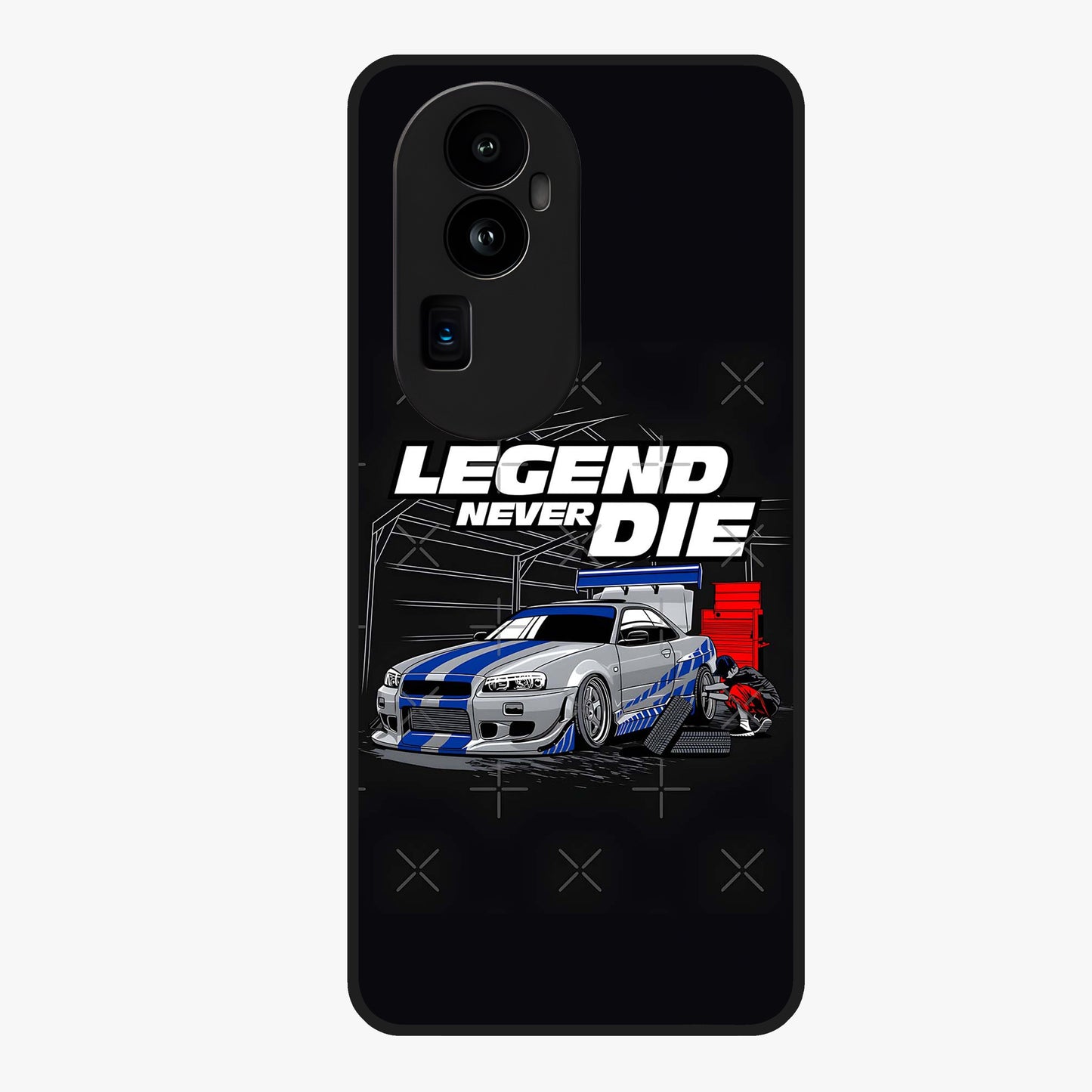 Midnight Racing Legacy Glass Case showing flat back view with sleek racing inspired artwork and glossy glass finish.